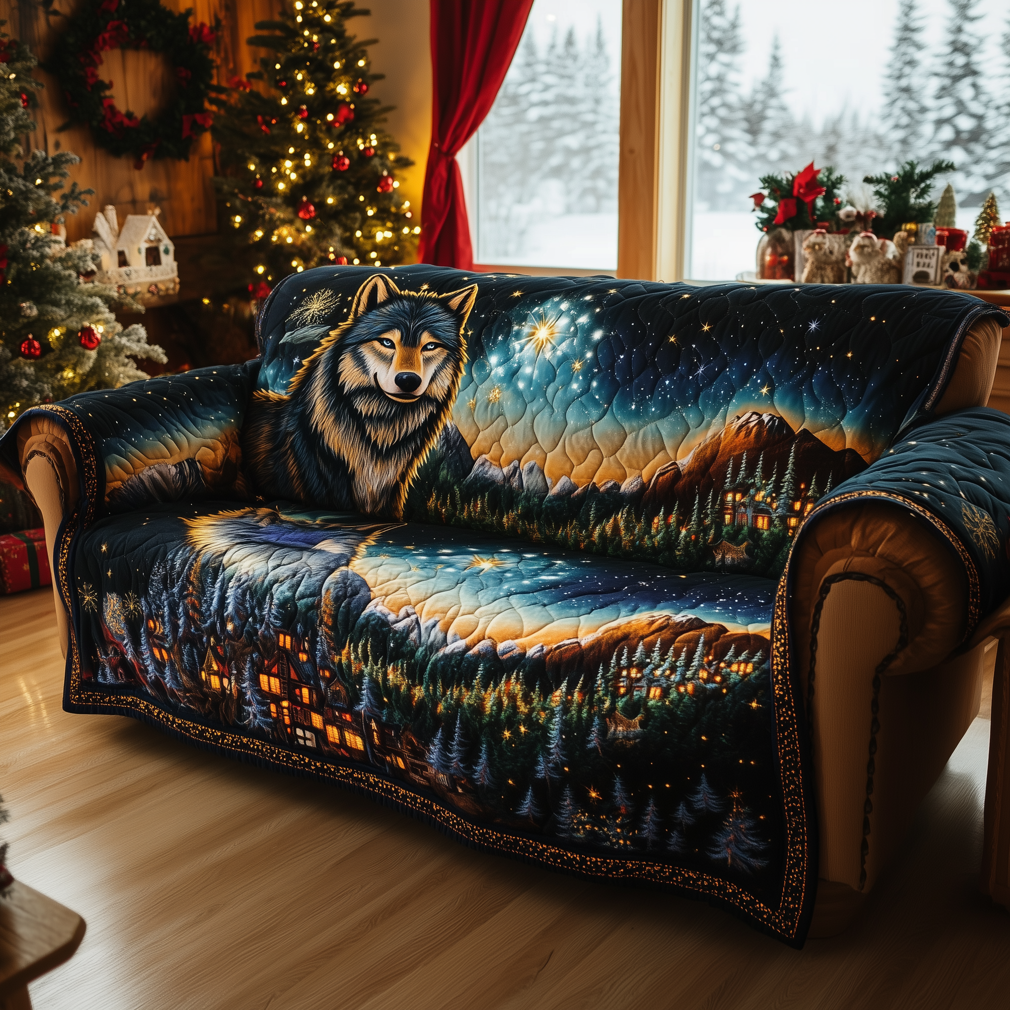 Lunar Hunter Quilted Sofa Cover Celestial Home Couch Cover Gifts For Highland Cow Lovers - Tradiviet