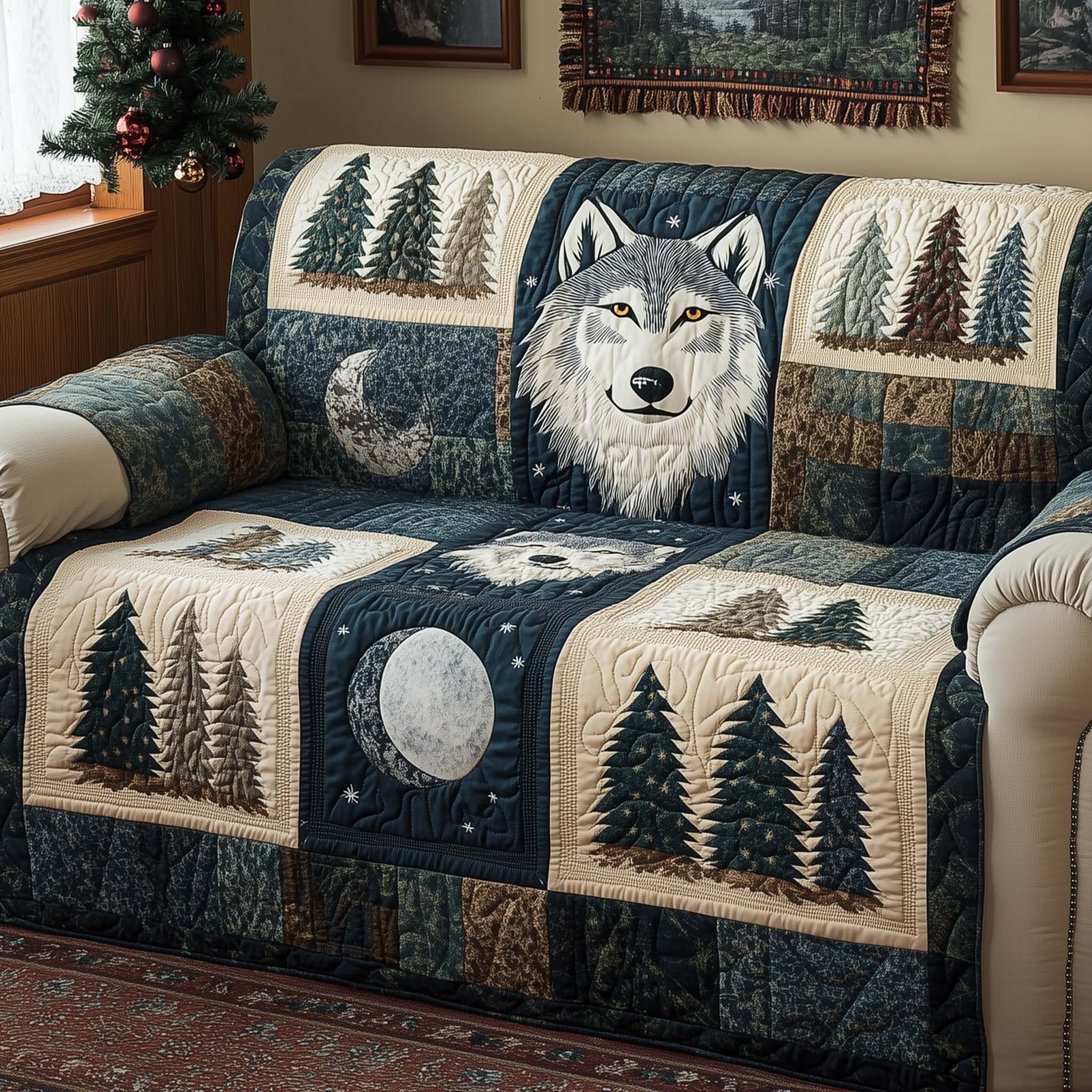 Lunar Wolf Quilted Sofa Cover Wildlife Home Couch Cover Great Home Decor Finds - Tradiviet