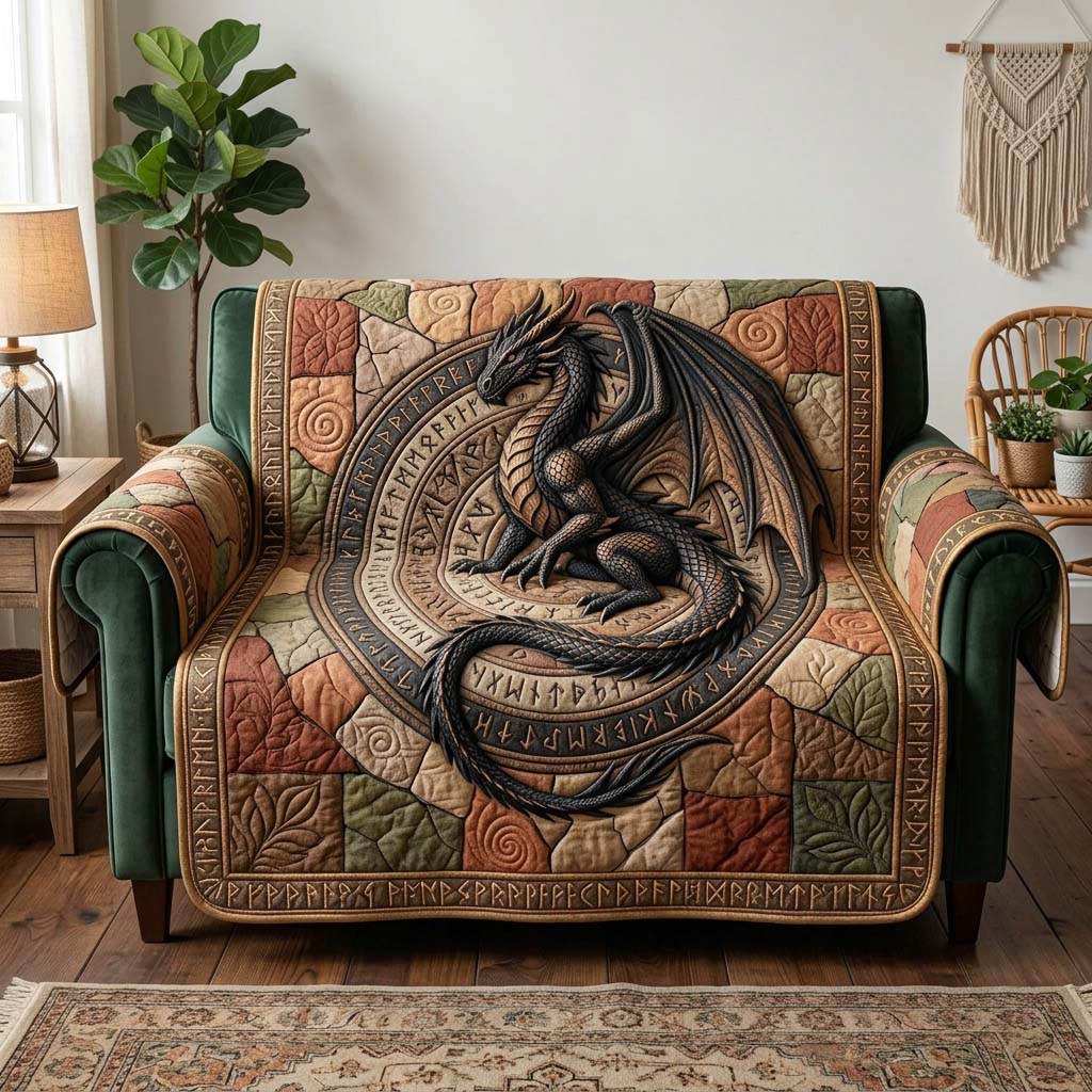 Majestic Dragon Quilted Sofa Cover Fantasy Home Couch Cover Gift For Cozy Spaces - Tradiviet
