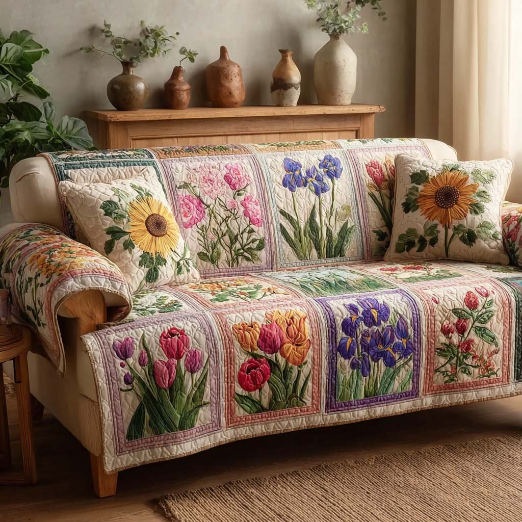Majestic Flower Gallery Quilted Sofa Cover Warm Home Room Decor Gift For House Lover - Tradiviet