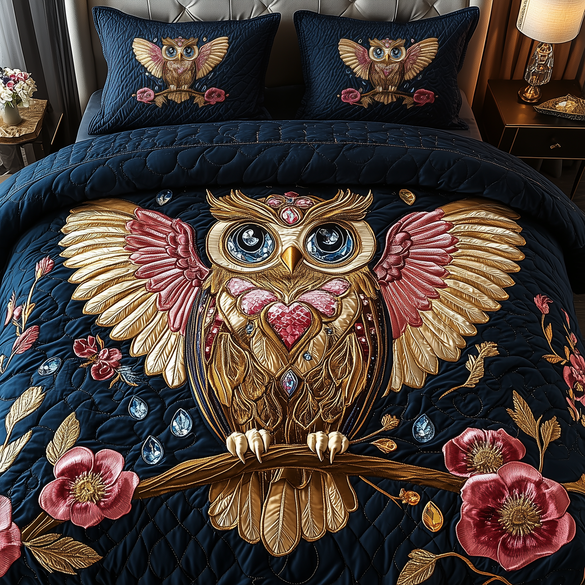 Majestic Owl Bloom Quilted Bedding Set Majestic Owl Living Gift For Owl Bloom - Tradiviet