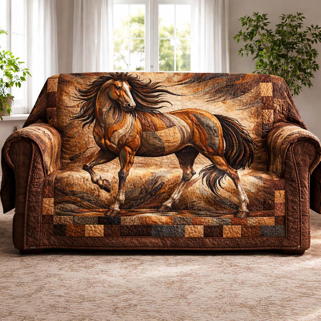 Majestic Wind Stallion Quilted Sofa Cover Western Home Couch Cover Gift For New Homeowners - Tradiviet