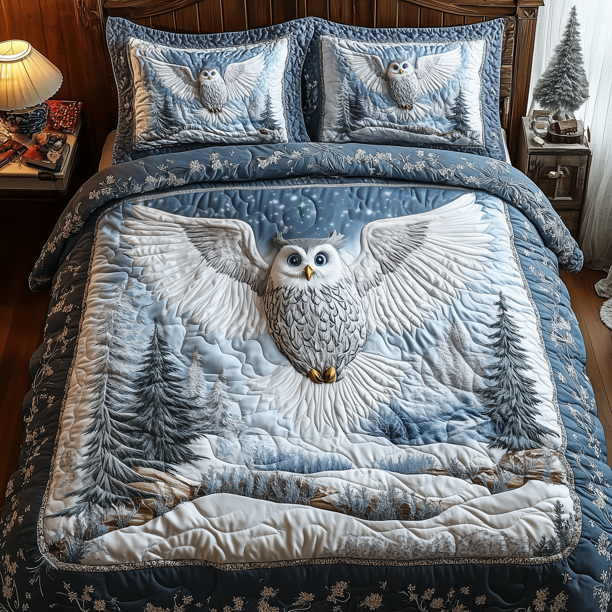 Majestic Winter Owl Quilted Bedding Set Majestic Winter Living Gift For Winter - Tradiviet
