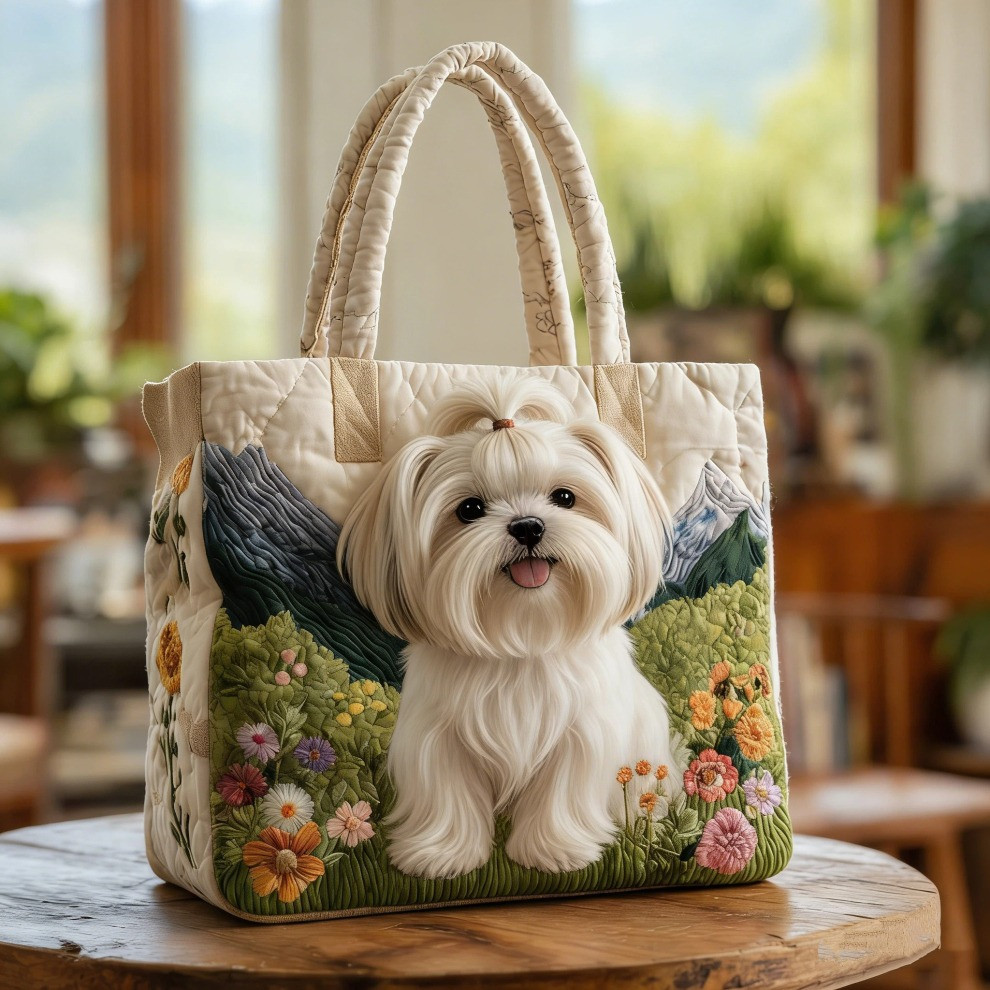 Maltese Quilted Tote Bag Spring Floral Cute Dog Totes Best Gifts For Maltese Lovers - Tradiviet