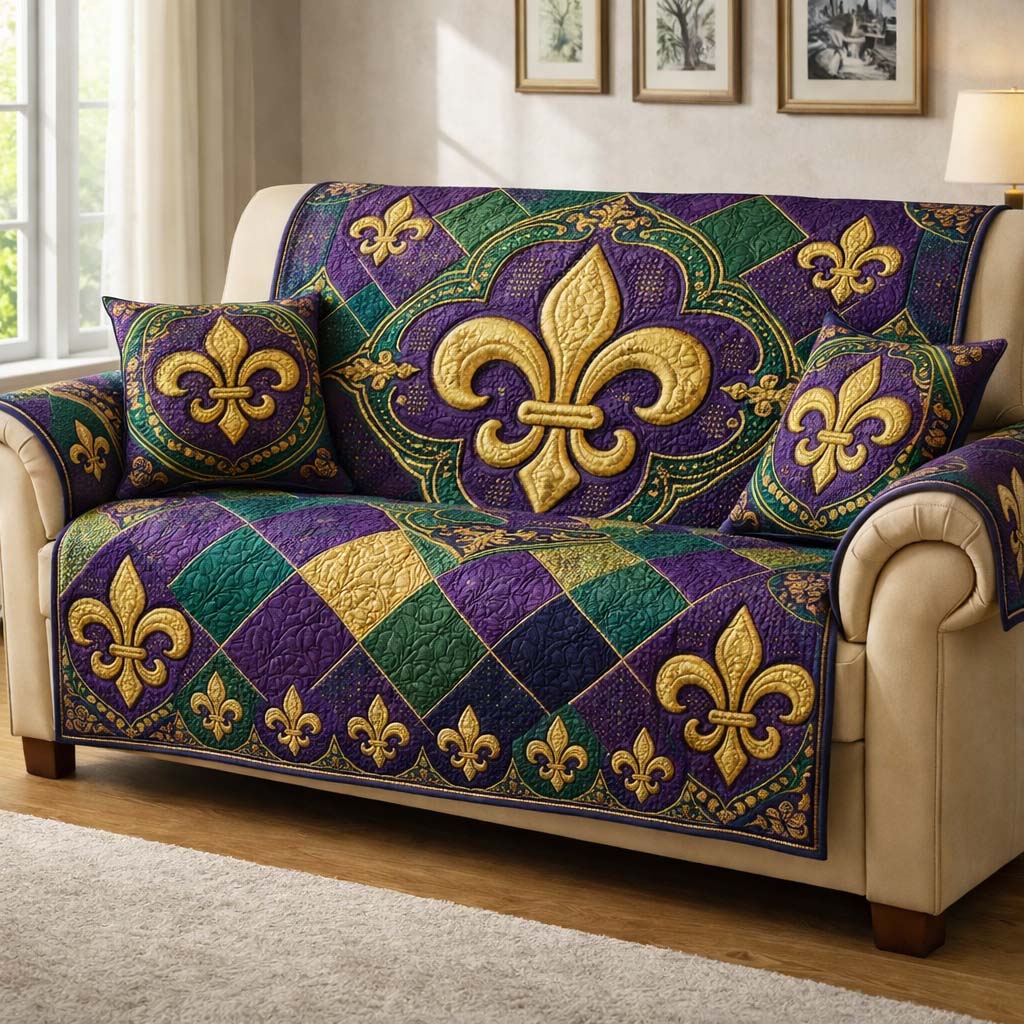Mardi Gras Quilted Sofa Cover Mardi Gras Couch Cover Best Room Decor Gifts - Tradiviet