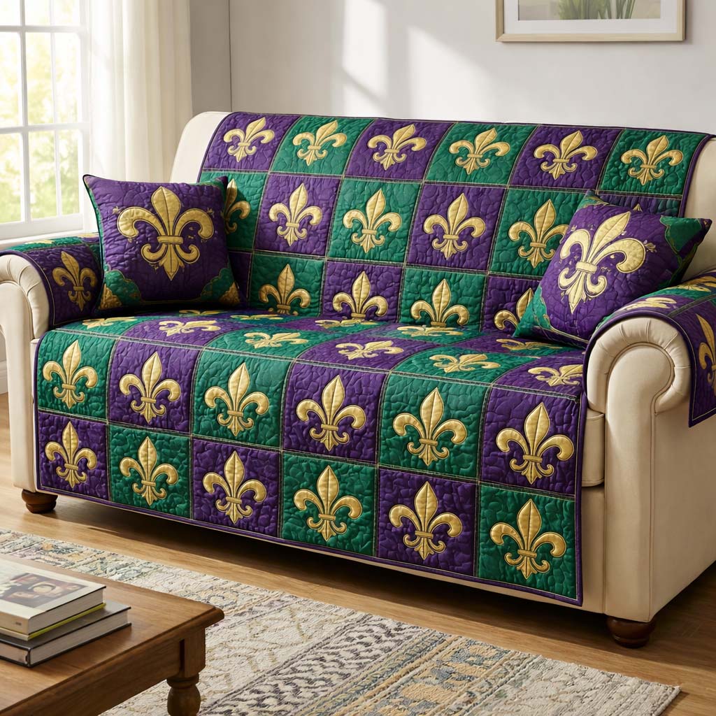 Mardi Gras Quilted Sofa Cover Mardi Gras Couch Cover Cute Room Decor Gifts - Tradiviet