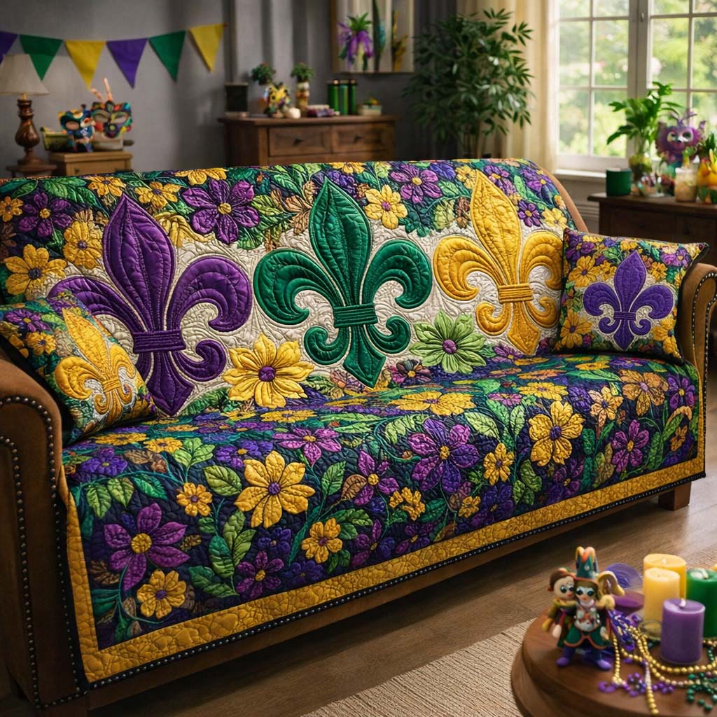 Mardi Gras Quilted Sofa Cover Mardi Gras Couch Cover Room Gift For Her - Tradiviet