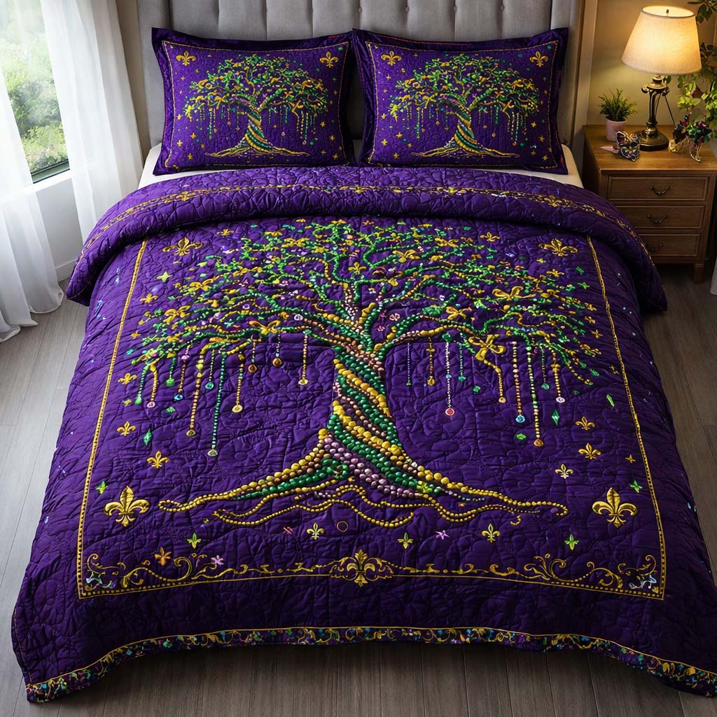 Mardi Gras Tree Quilted Bedding Set Mardi Gras Charm Gift For Mardi Lovers - Tradiviet