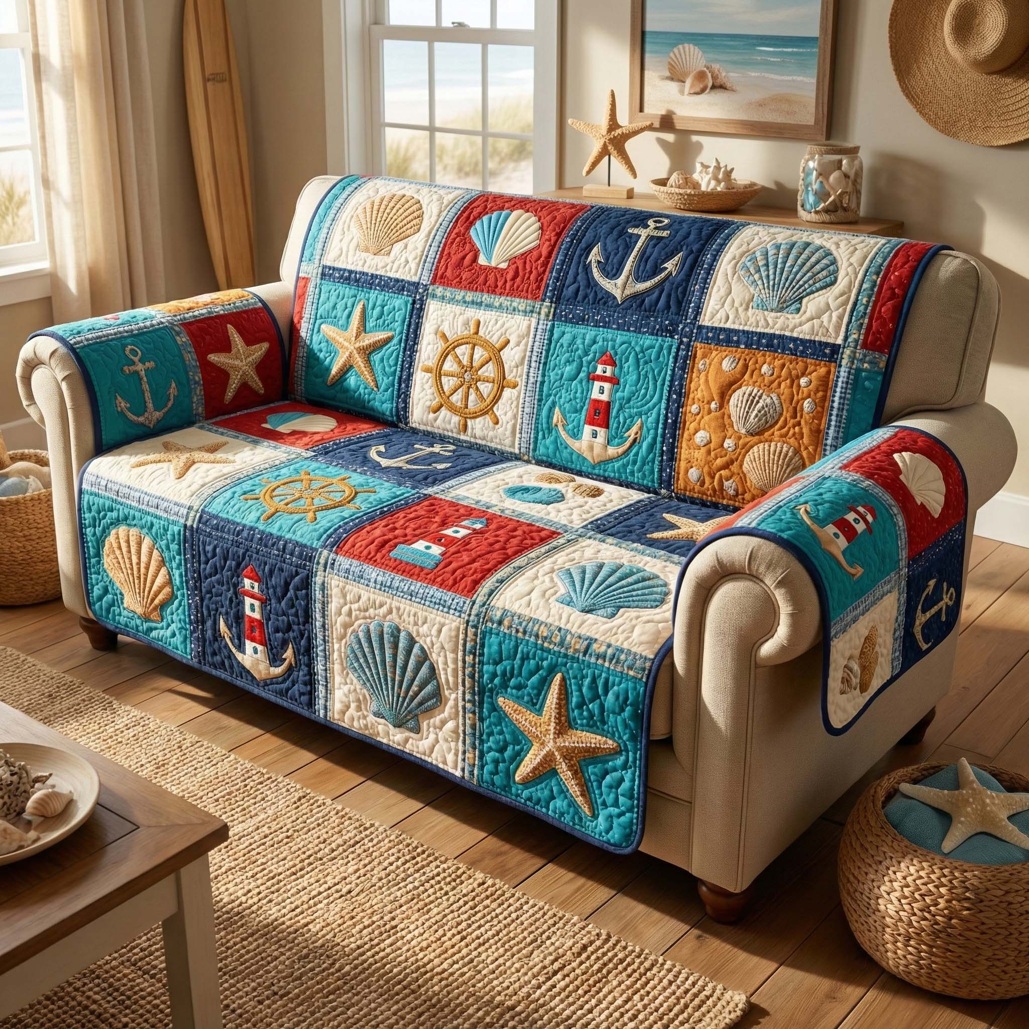 Marine Mosaic Quilted Sofa Cover Coastal Home Couch Cover Present For New Home - Tradiviet