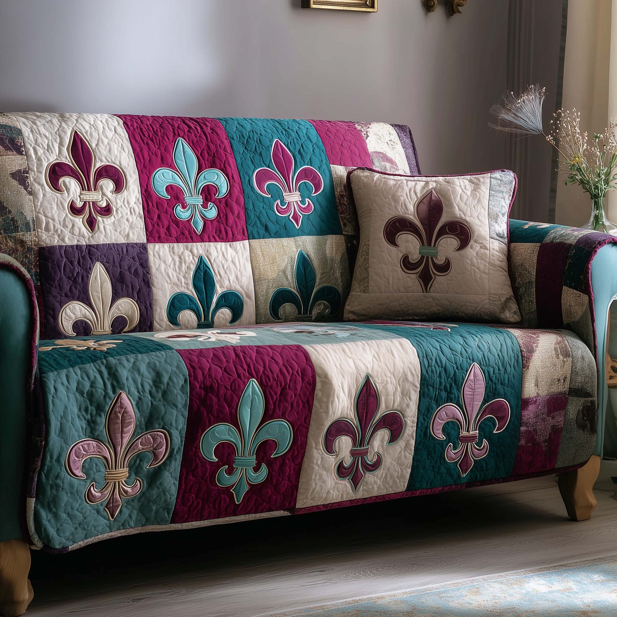 Masquerade Emblem Quilted Sofa Cover Mardi Gras Couch Cover Cool Room Decor Gifts - Tradiviet