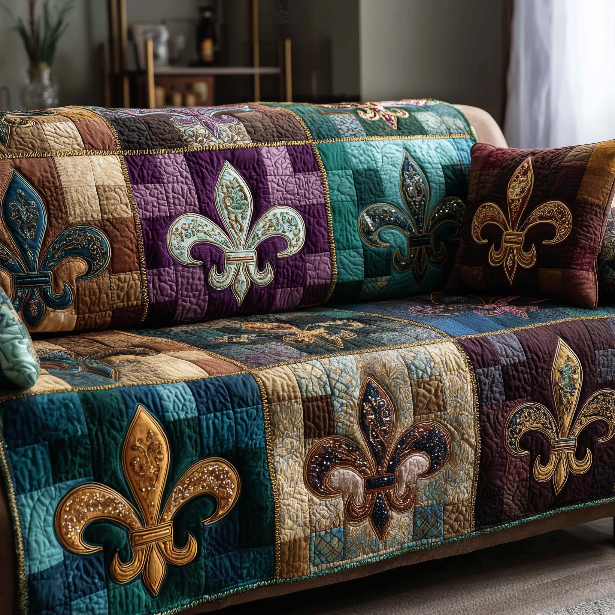 Masquerade Emblem Quilted Sofa Cover Mardi Gras Couch Cover Gift For Sun Lover - Tradiviet