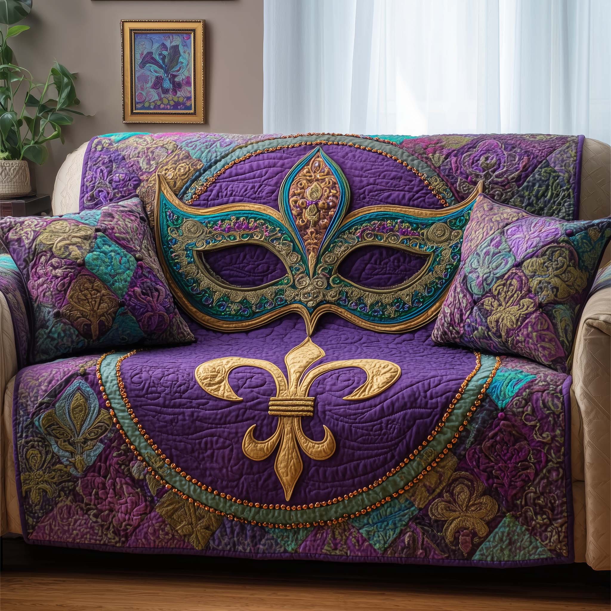Masquerade Fleur Quilted Sofa Cover Mardi Gras Couch Cover House Lover Gift Ideas - Tradiviet