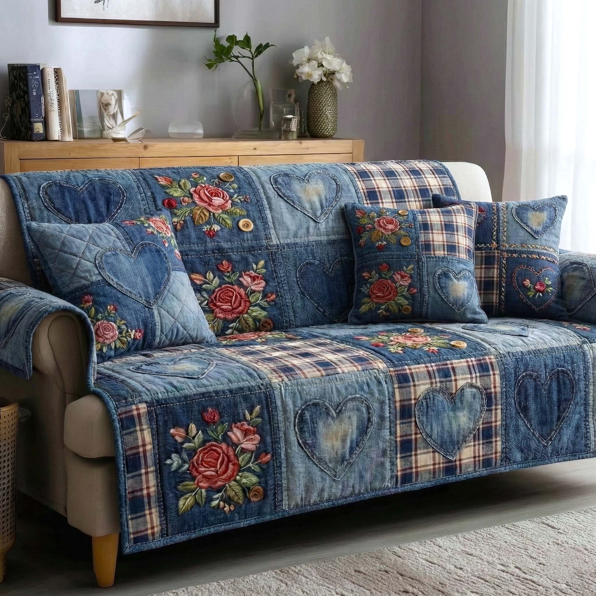 Meadow Amour Quilted Sofa Cover Romantic Home Couch Cover Cozy Home Decor Gifts - Tradiviet