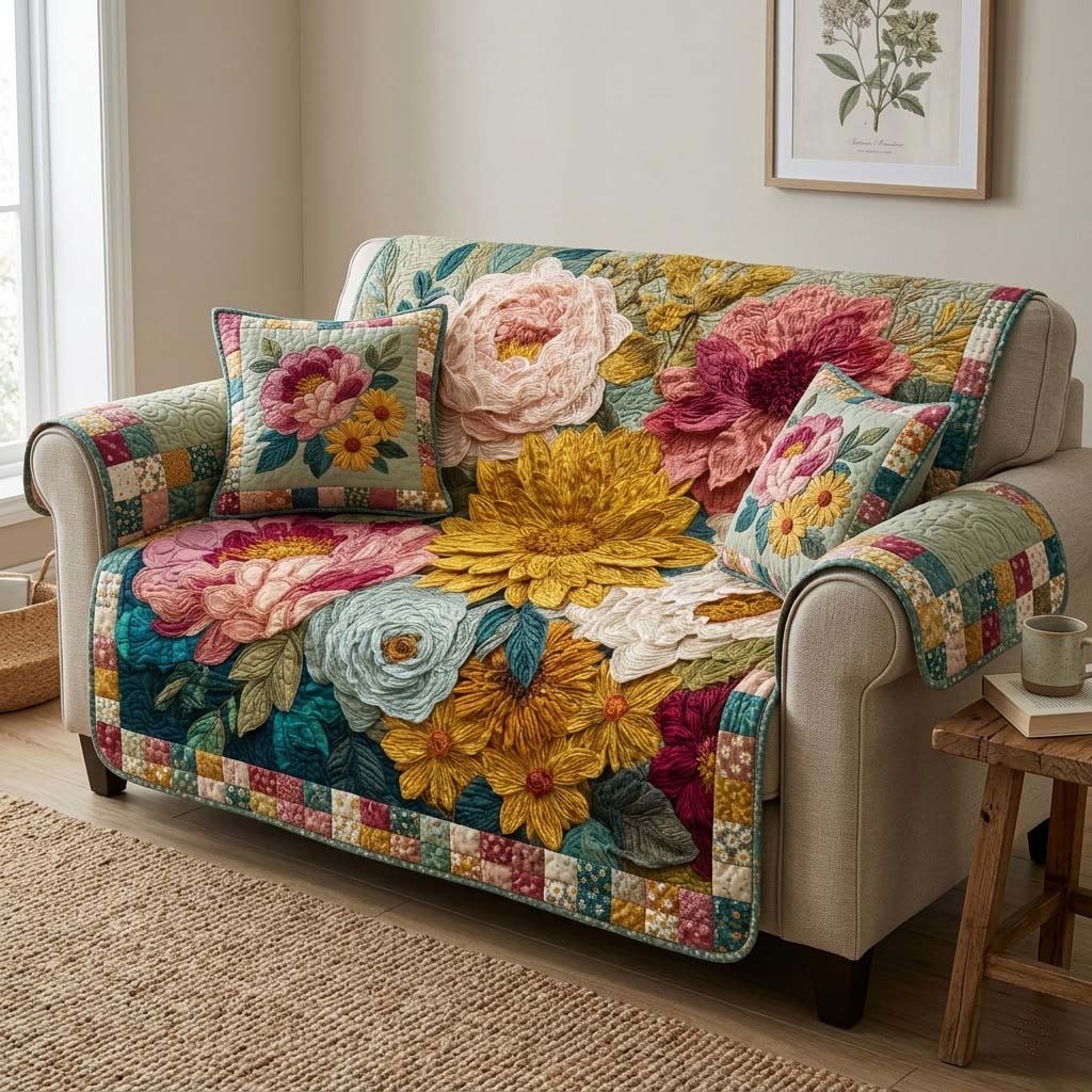 Meadow Bloom Patchwork Quilted Sofa Cover Indoor Home Room Decor Cozy Living Gift Ideas - Tradiviet