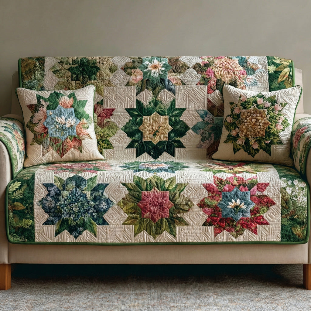 Meadow Bloom Star Quilted Sofa Cover Natural Home Room Decor Perfect Housewarming Gift Ideas - Tradiviet