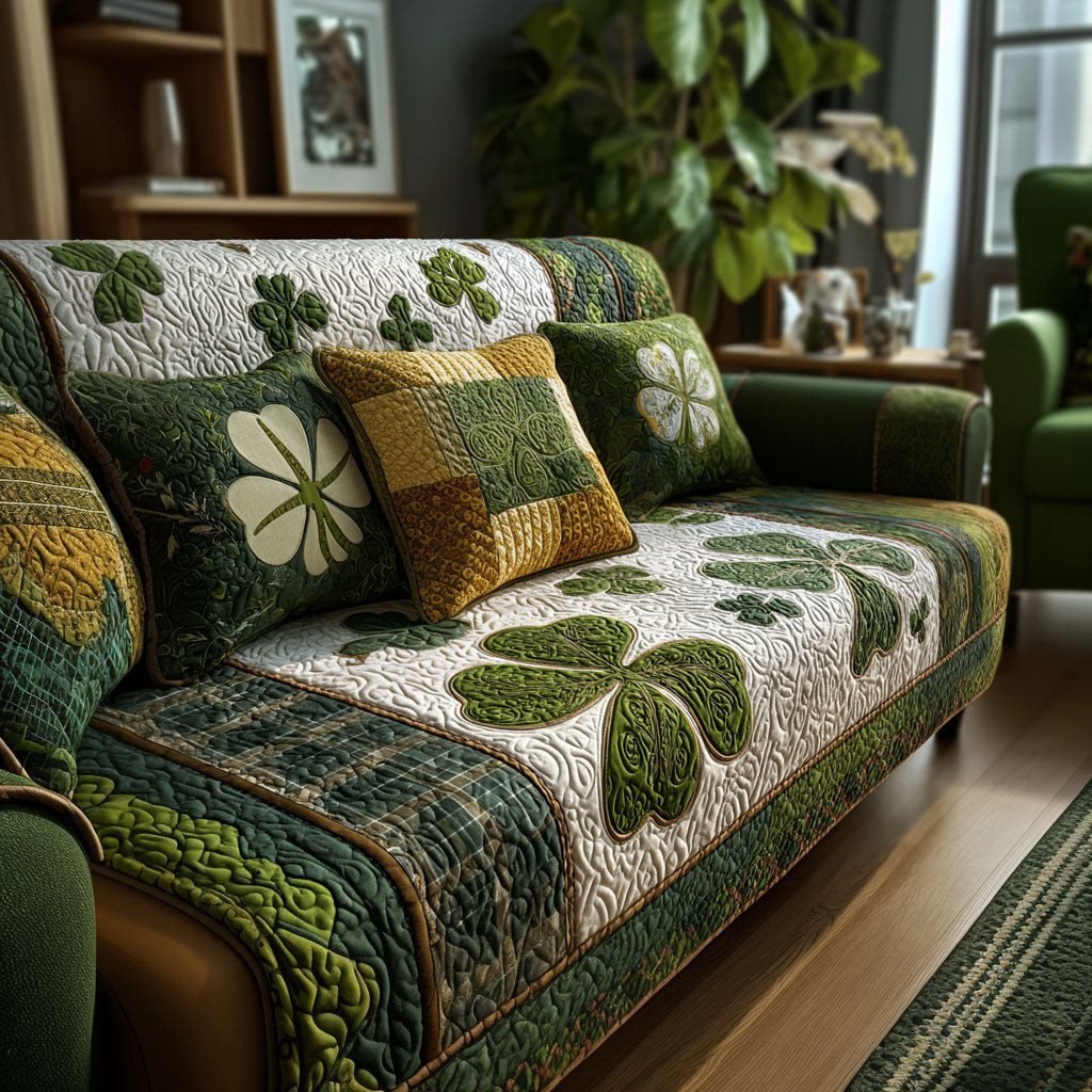 Meadow Clover Quilted Sofa Cover Slipcover Couch Covers Cute St Patrick's Day Gifts - Tradiviet