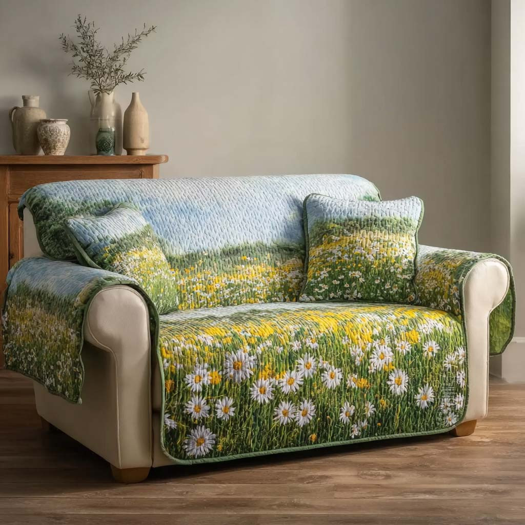 Meadow Daisy Quilted Sofa Cover Living Room Decor Ideas Flower Daisy Themed Gifts - Tradiviet