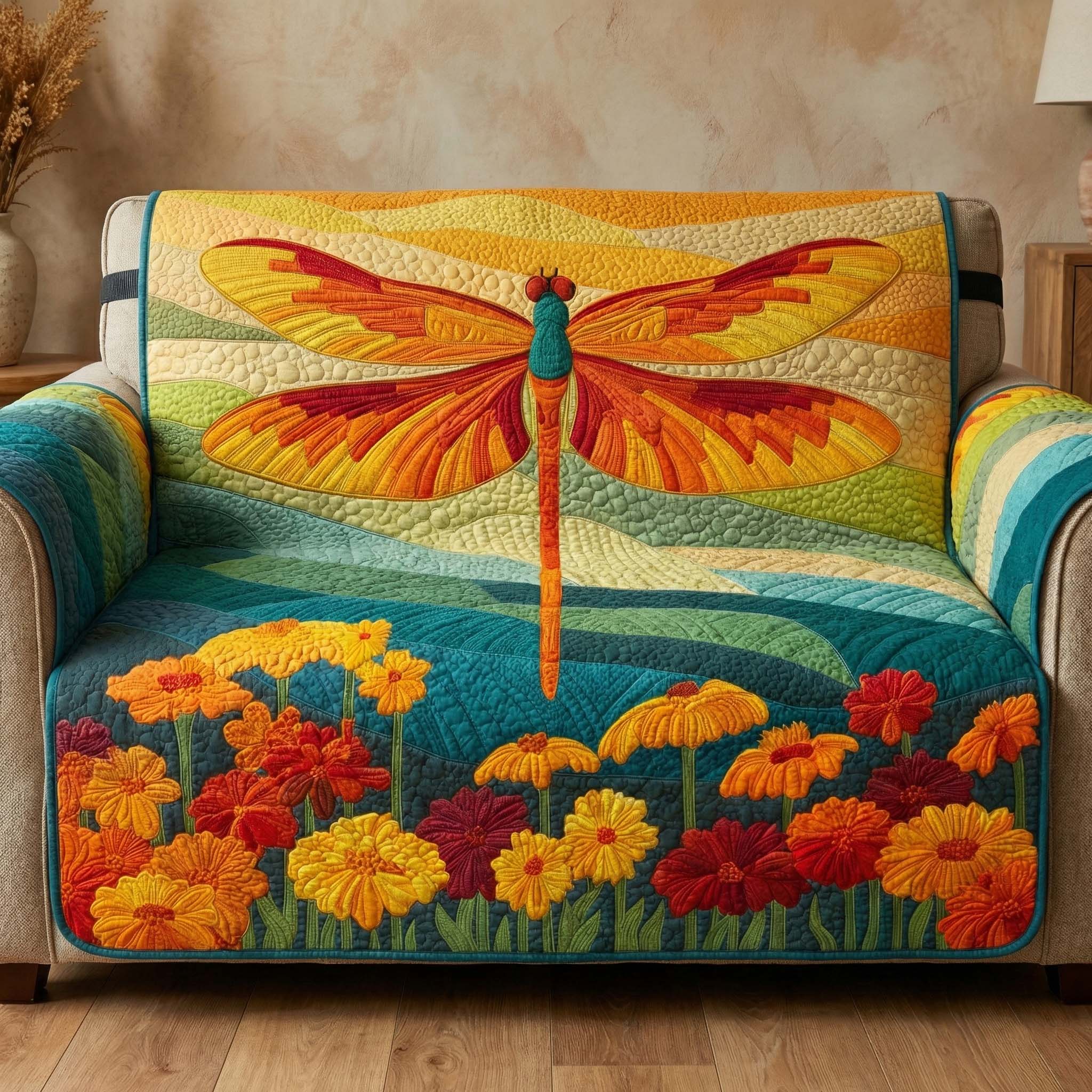 Meadow Dragonfly Quilted Sofa Cover Butterfly Home Couch Cover Gifts For Living Rooms - Tradiviet