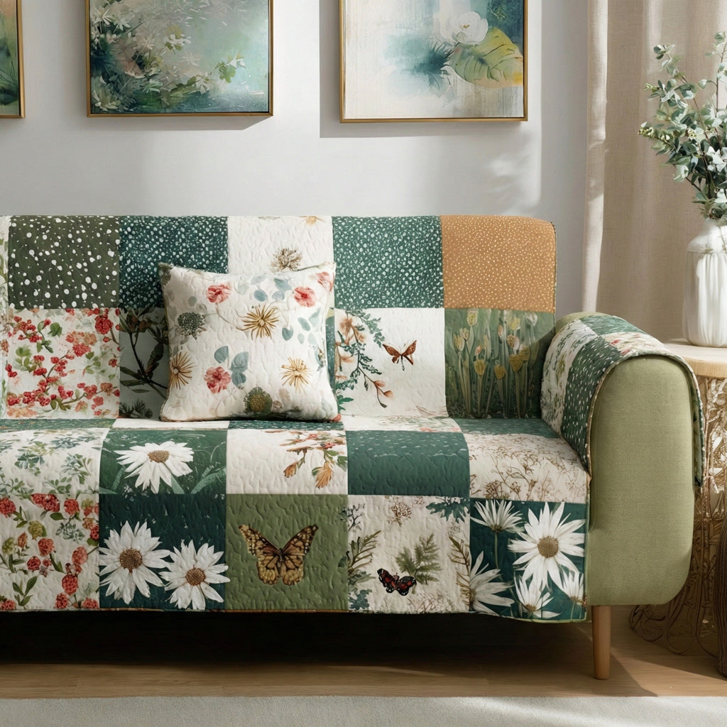 Meadow Florals Quilted Sofa Cover Room Decor Ideas Unique Housewarming Gift Ideas - Tradiviet