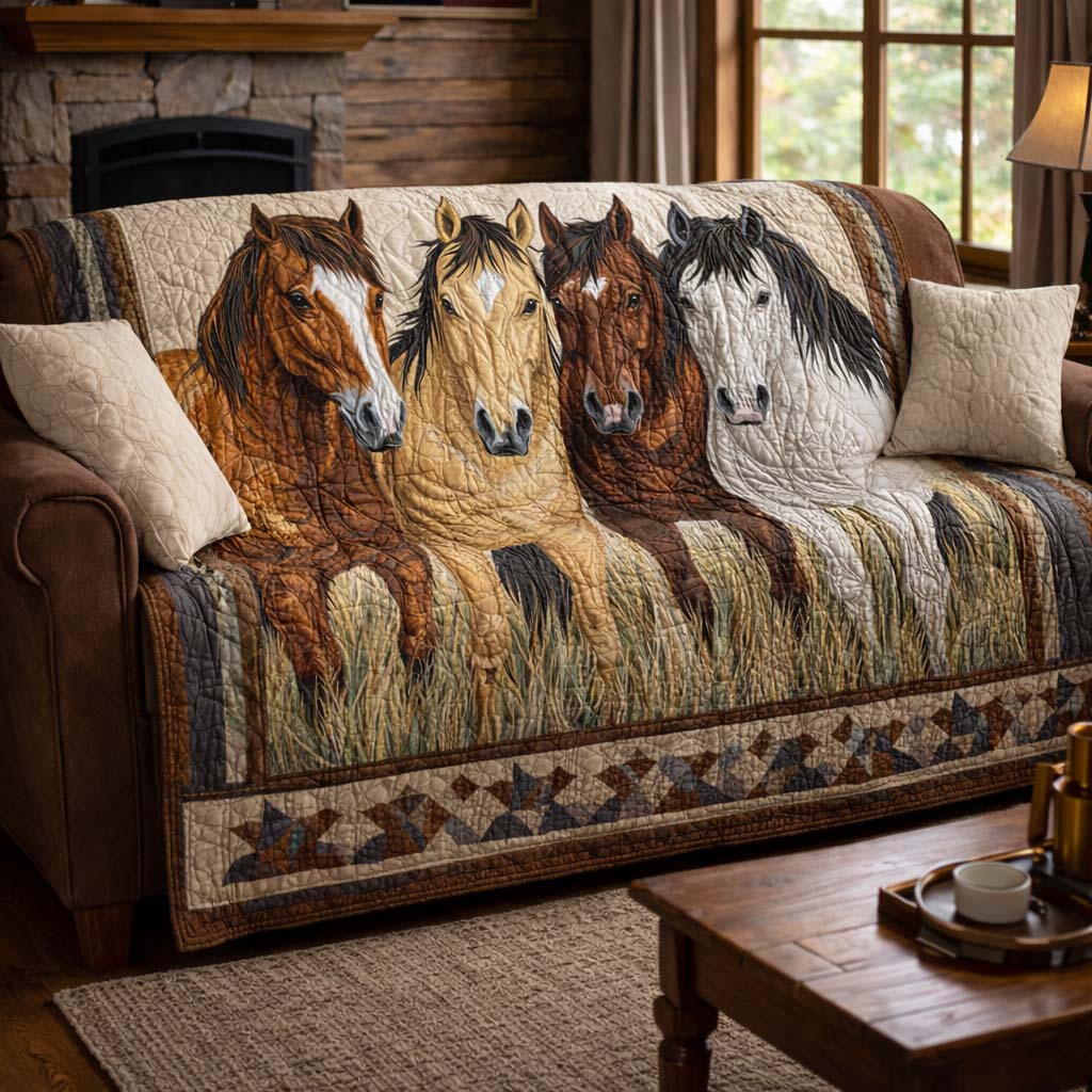 Meadow Horse Line Quilted Sofa Cover Western Home Couch Cover Gift For Room Lovers - Tradiviet