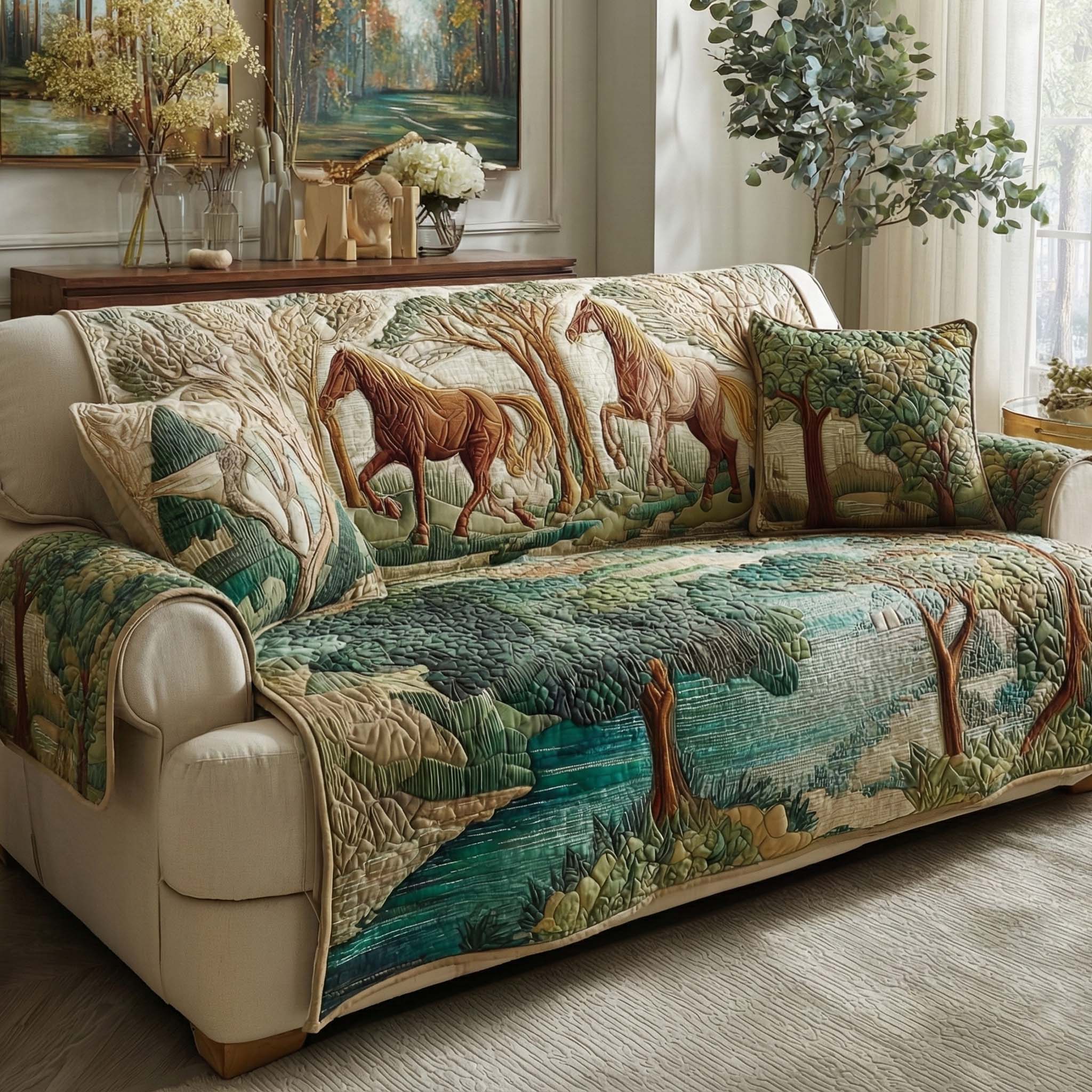 Meadow Horses Quilted Sofa Cover Unique Home Room Decor Home Decor Gift Ideas - Tradiviet