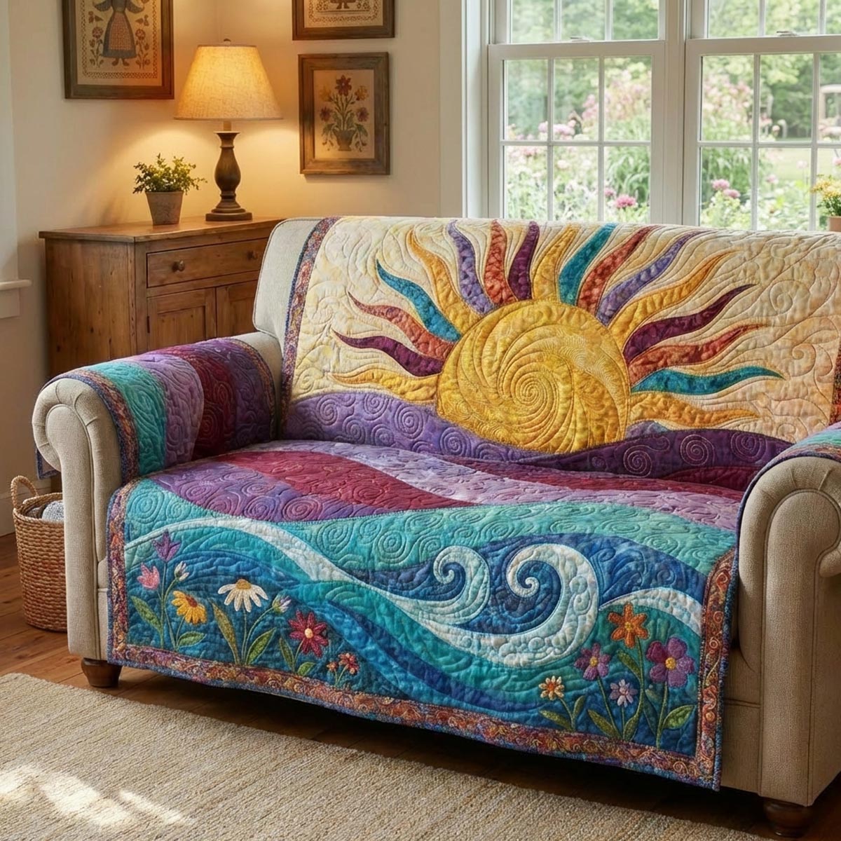 Meadow Sunrise Quilted Sofa Cover Classic Home Room Decor Gifts For Sun Fans - Tradiviet