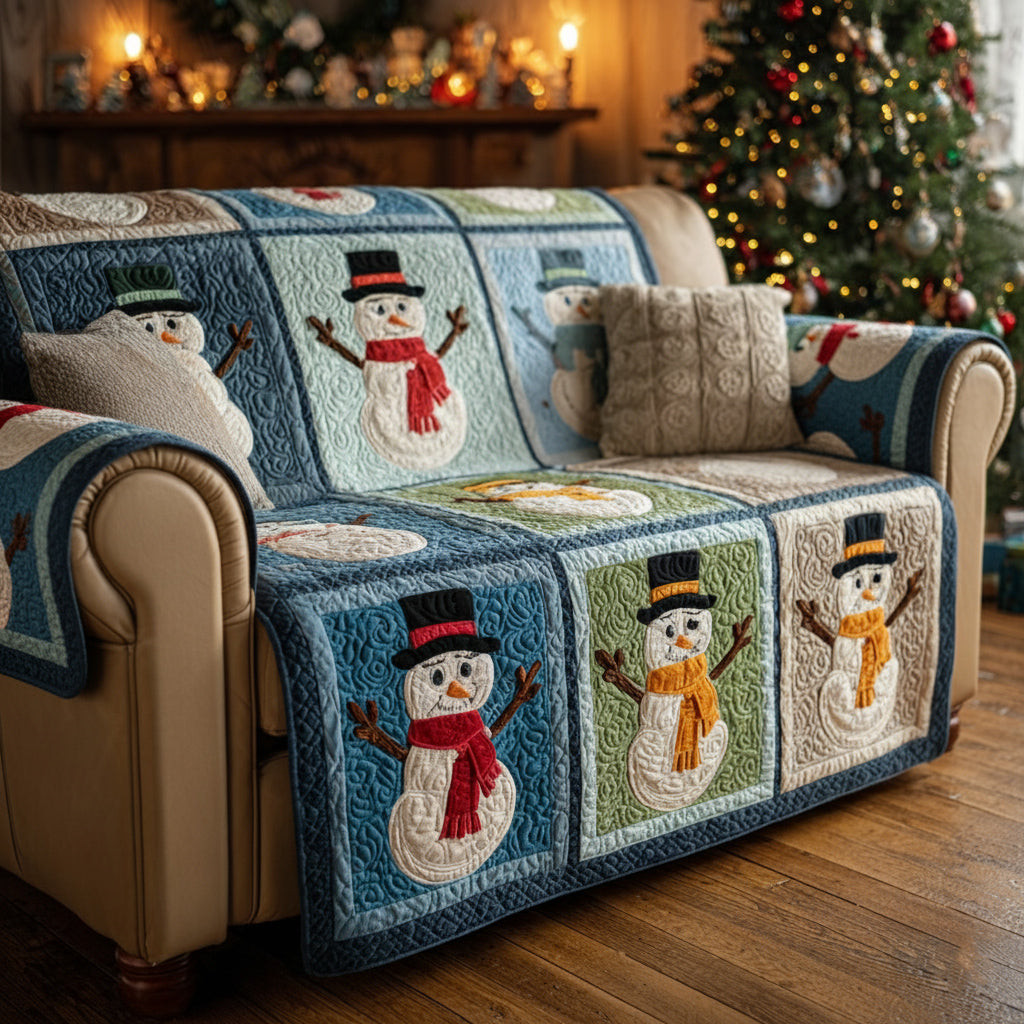 Merriment Snowman Bright Quilted Sofa Cover Holiday Couch Covers Christmas Presents - Tradiviet