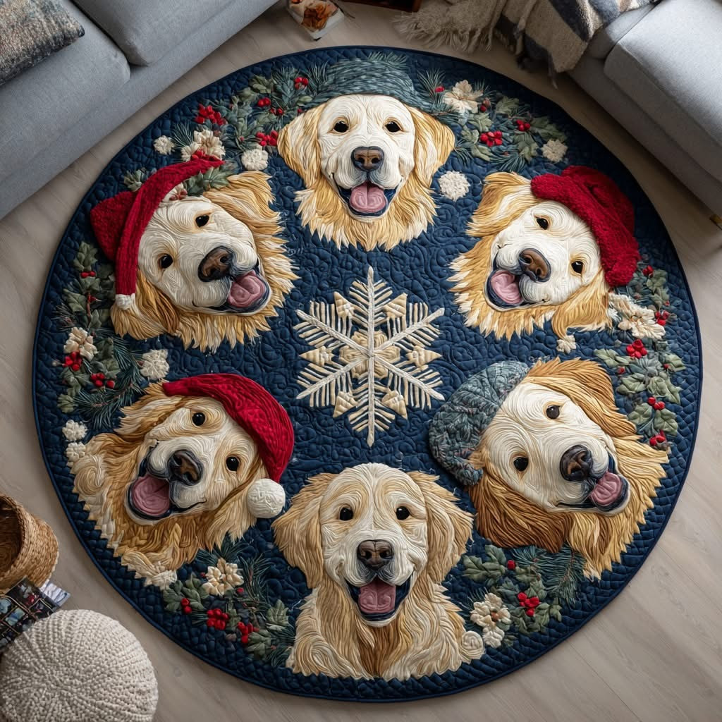 Merry Retriever Christmas Quilted Round Mat Funny Room Xmas Decor Gifts For Dog Lovers - Tradiviet