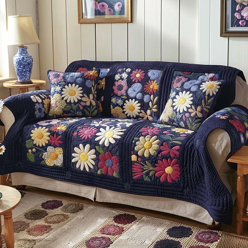 Midnight Bloom Garden Quilted Sofa Cover Table Room Decor Present For House Lovers - Tradiviet
