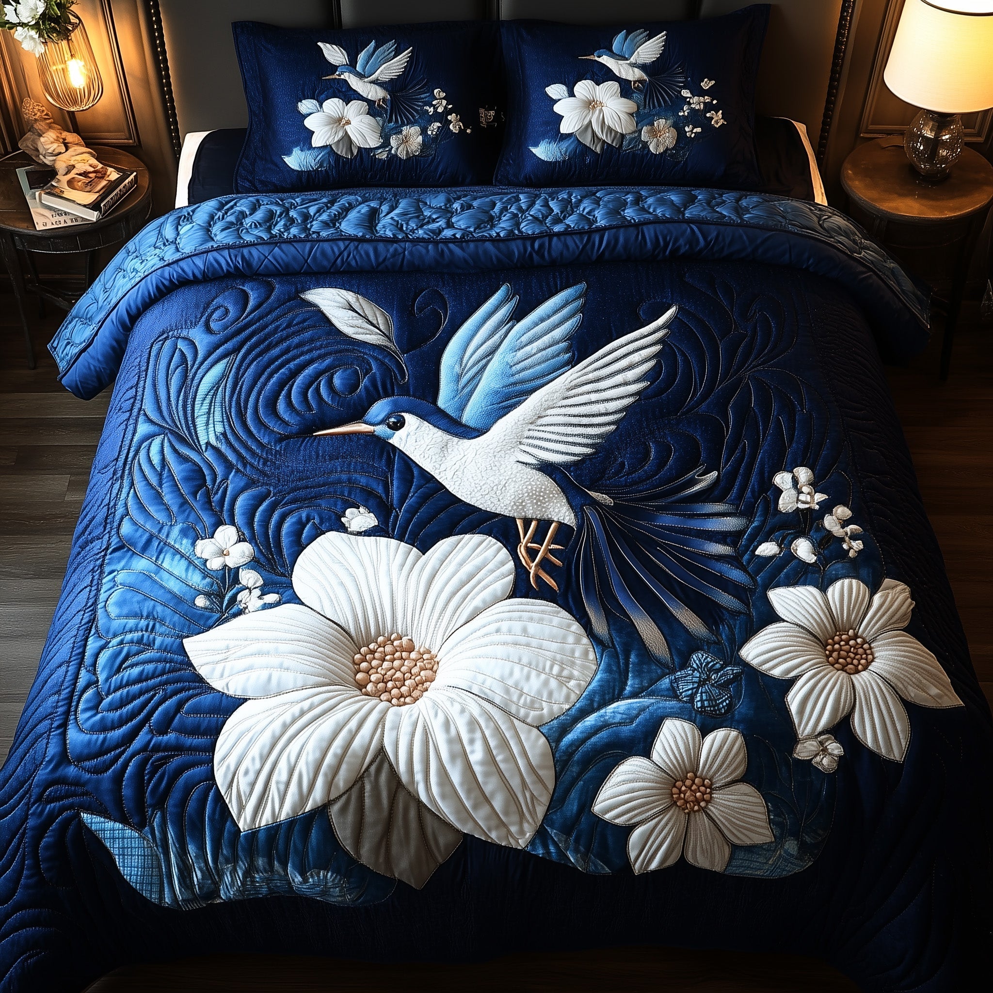 Midnight Bloom Hummingbird Quilted Bedding Set Midnight Bloom Canvas Unique Bird Fan Finds - Tradiviet