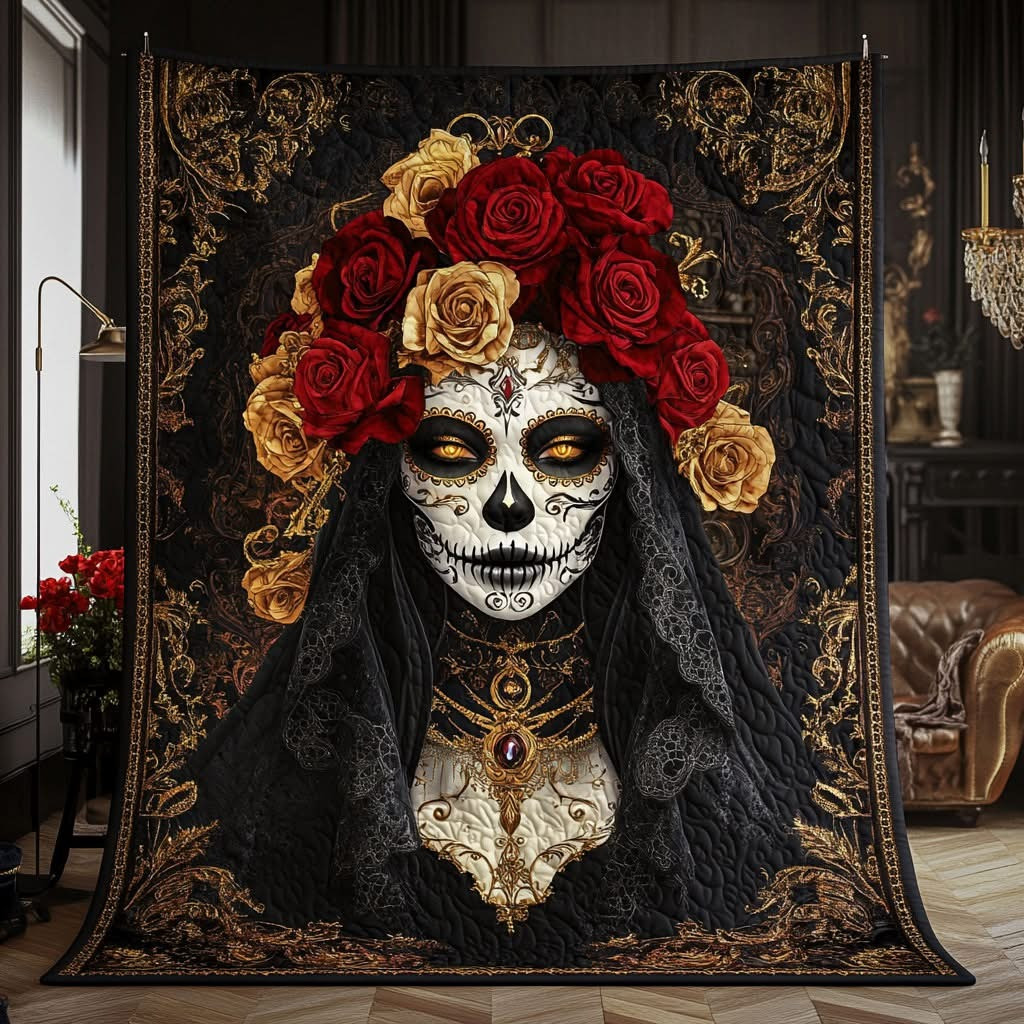 Midnight Bloom Roses Skull Woman Quilted Blanket Day Of The Dead Merchandise Gifts - Tradiviet