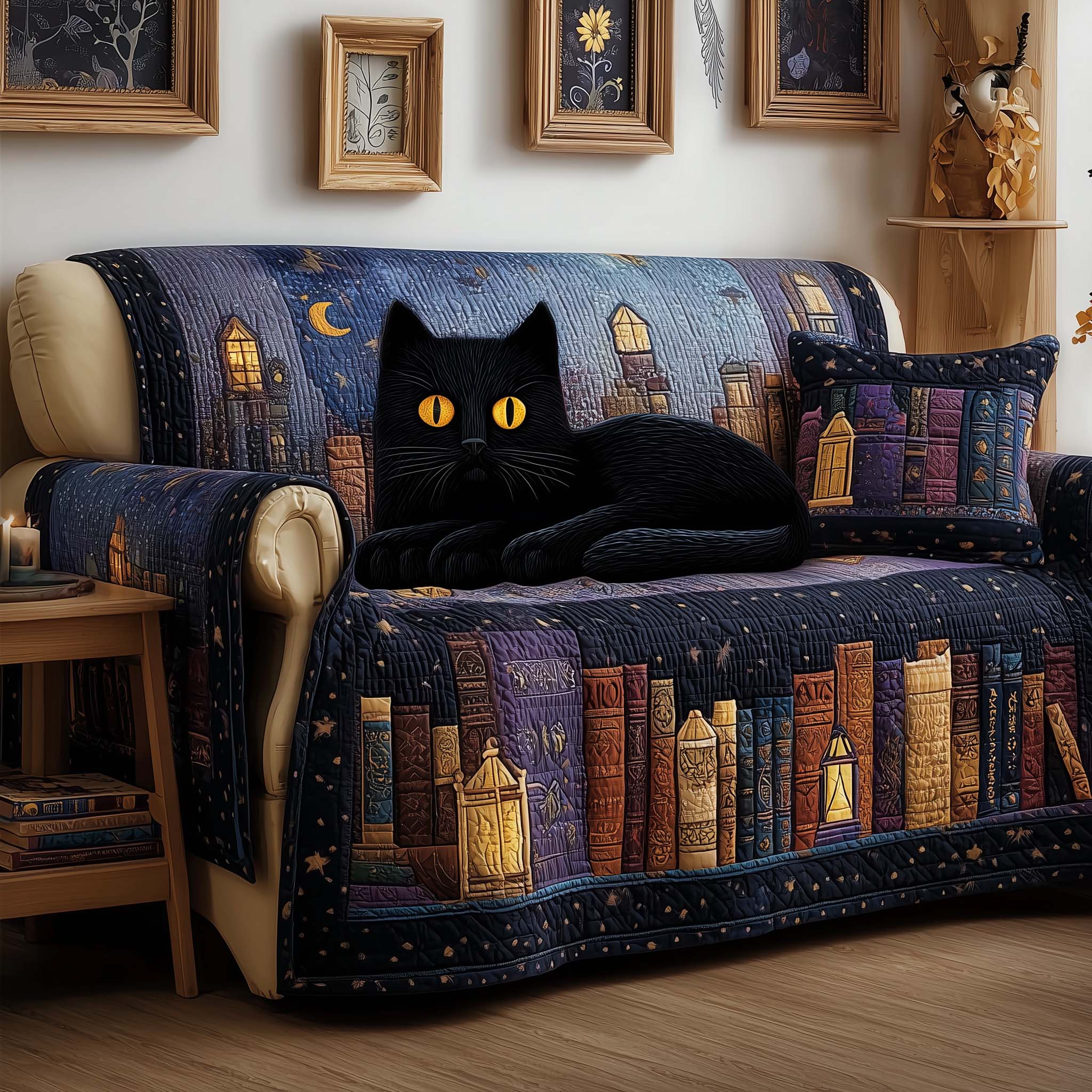 Midnight Cat Quilted Sofa Cover Cat Home Couch Cover Present For New Home - Tradiviet