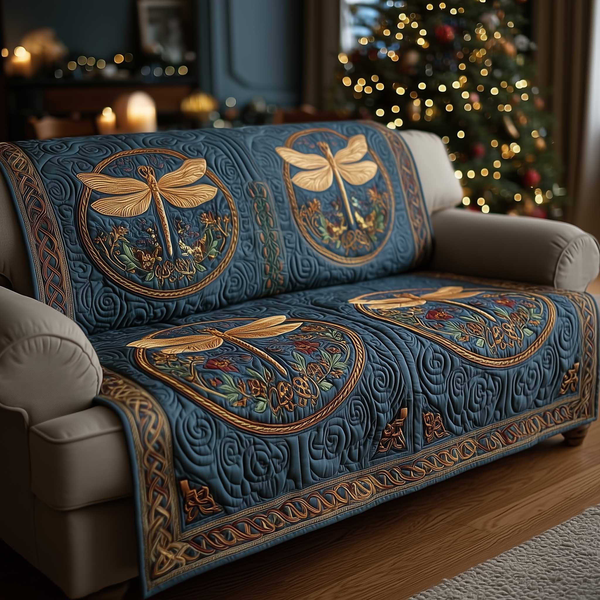 Midnight Dragonfly Elegance Quilted Sofa Cover Holiday Room Decor Best Dragonfly Lover Gifts For Her - Tradiviet