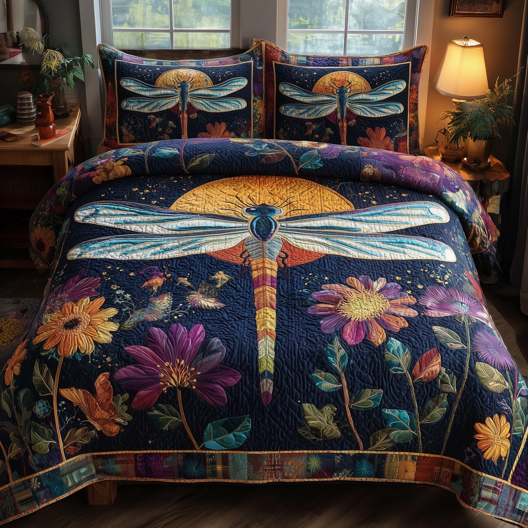 Midnight Dragonfly Quilted Bedding Set Midnight Dragonfly Cabin Gift For Midnight Dad - Tradiviet