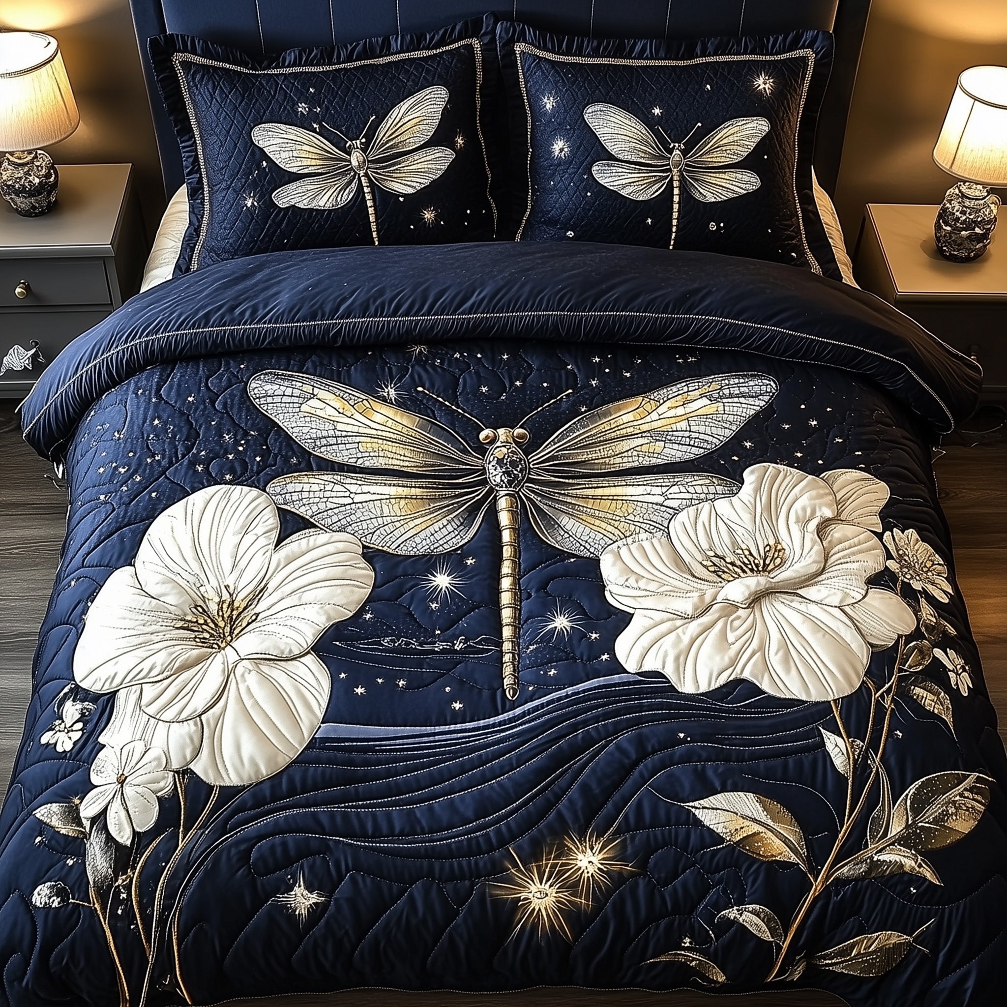 Midnight Dragonfly Quilted Bedding Set Midnight Dragonfly Harbor Gift For Midnight Dragonfly - Tradiviet
