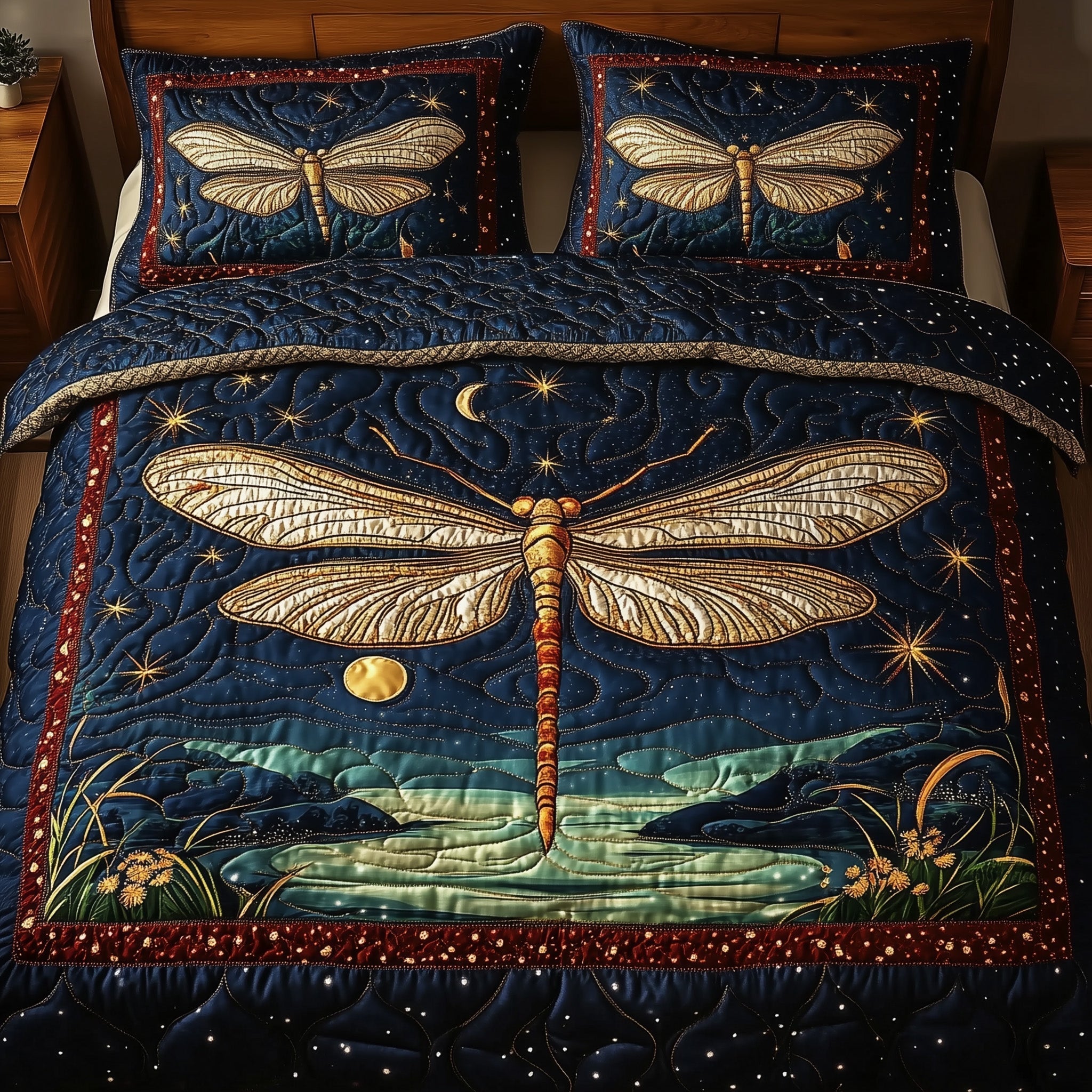 Midnight Dragonfly Quilted Bedding Set Midnight Dragonfly Sunrise Gift For Midnight Friends - Tradiviet