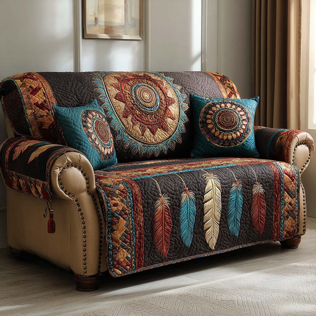 Midnight Feathers Quilted Sofa Cover Natural Room Decor Trendy Room Decor Gifts - Tradiviet