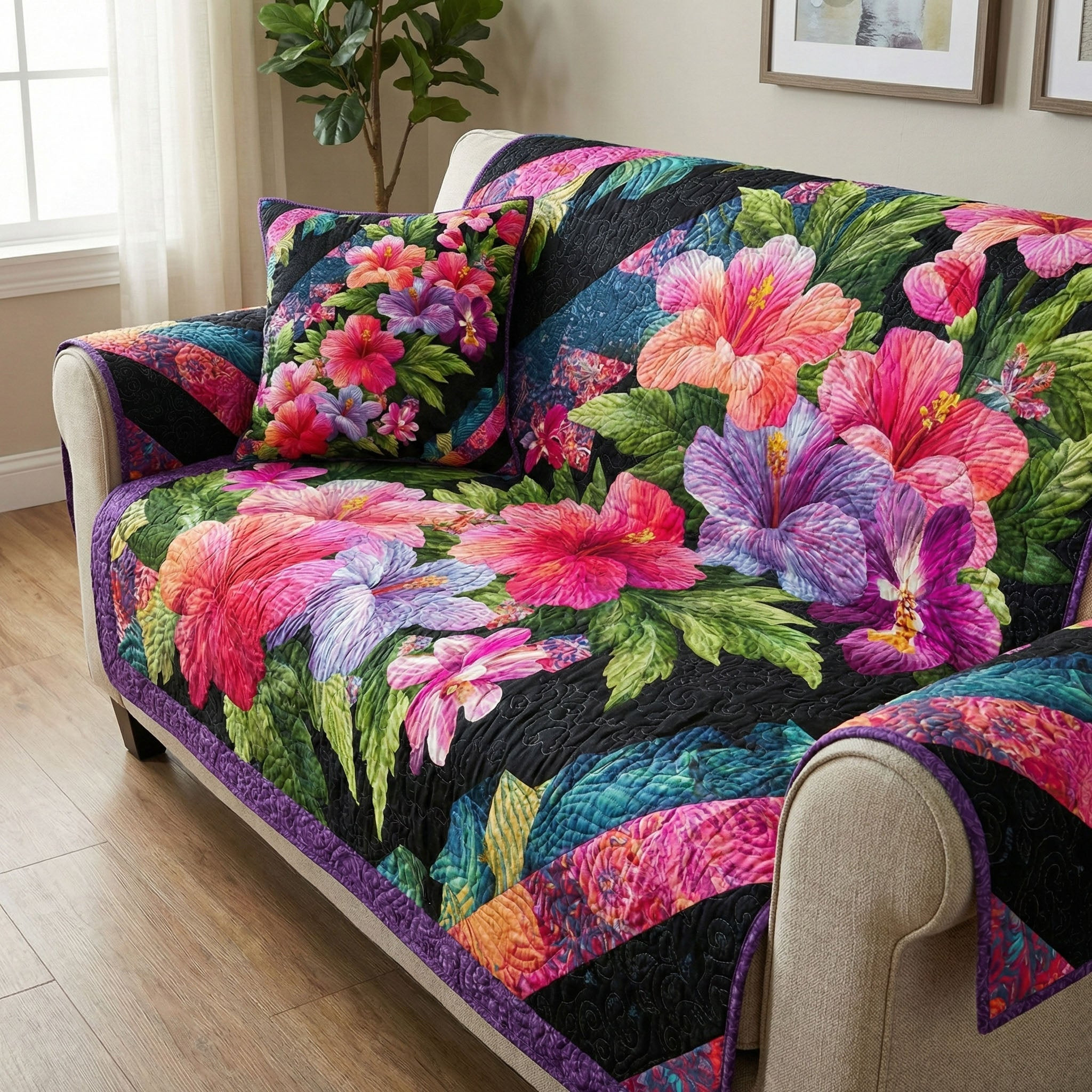 Midnight Floral Glow Quilted Sofa Cover Living Room Decorations Awesome Mother's Day Gifts For Mom - Tradiviet