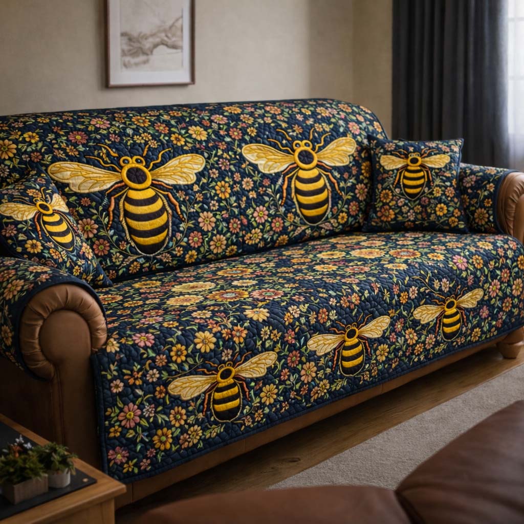 Midnight Garden Bees Quilted Sofa Cover Garden Home Couch Cover Gift For Home Lover - Tradiviet