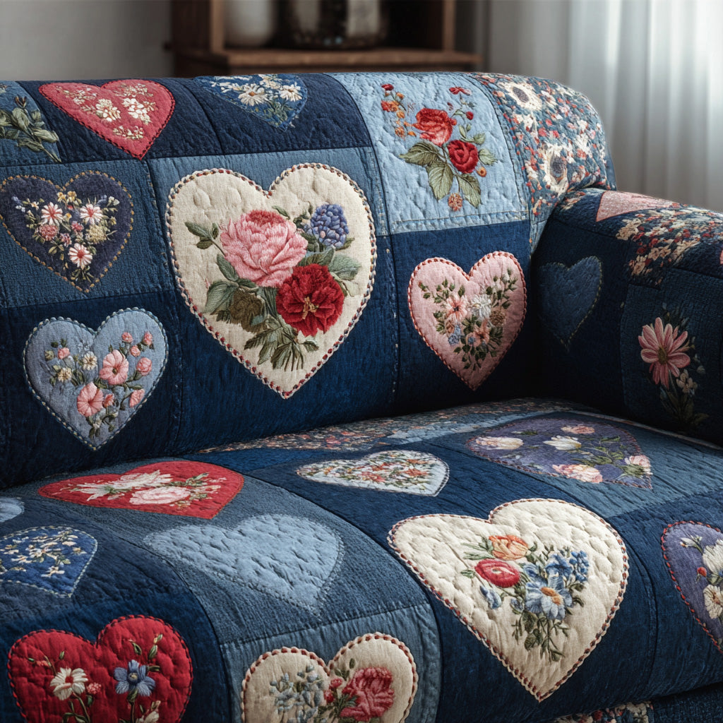 Midnight Garden Heart Patchwork Quilted Sofa Cover Minimalist Home Room Decor Room Gift For Him - Tradiviet
