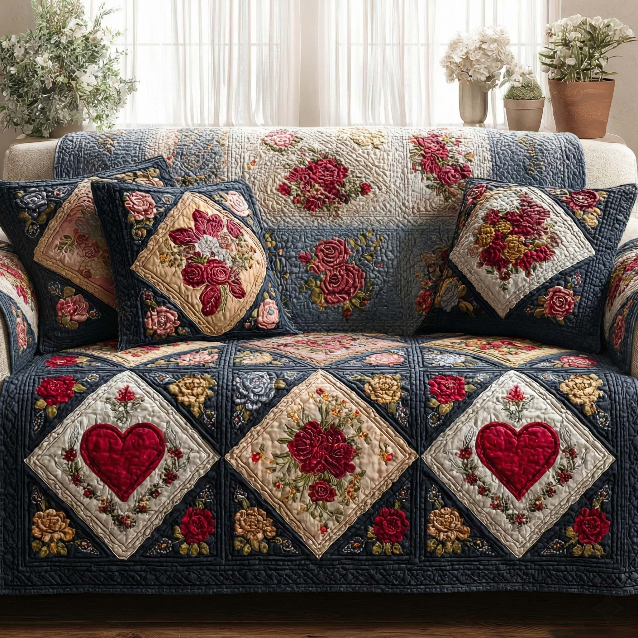 Midnight Garden Heart Quilted Sofa Cover Sofa Cover Slipcover Best Valentine Day Gifts For Men - Tradiviet