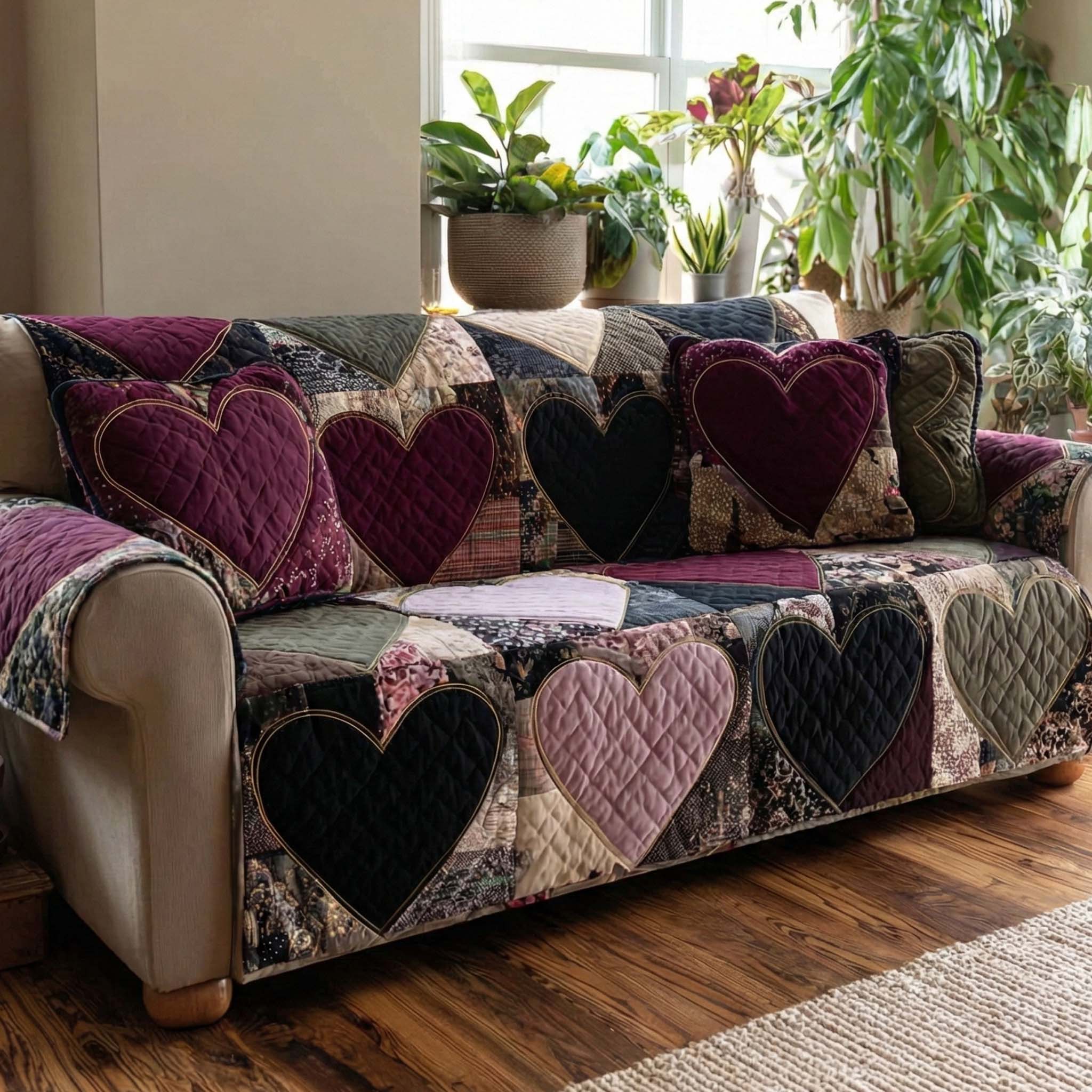 Midnight Hearts Quilted Sofa Cover Neutral Room Decor Great Home Decor Finds - Tradiviet