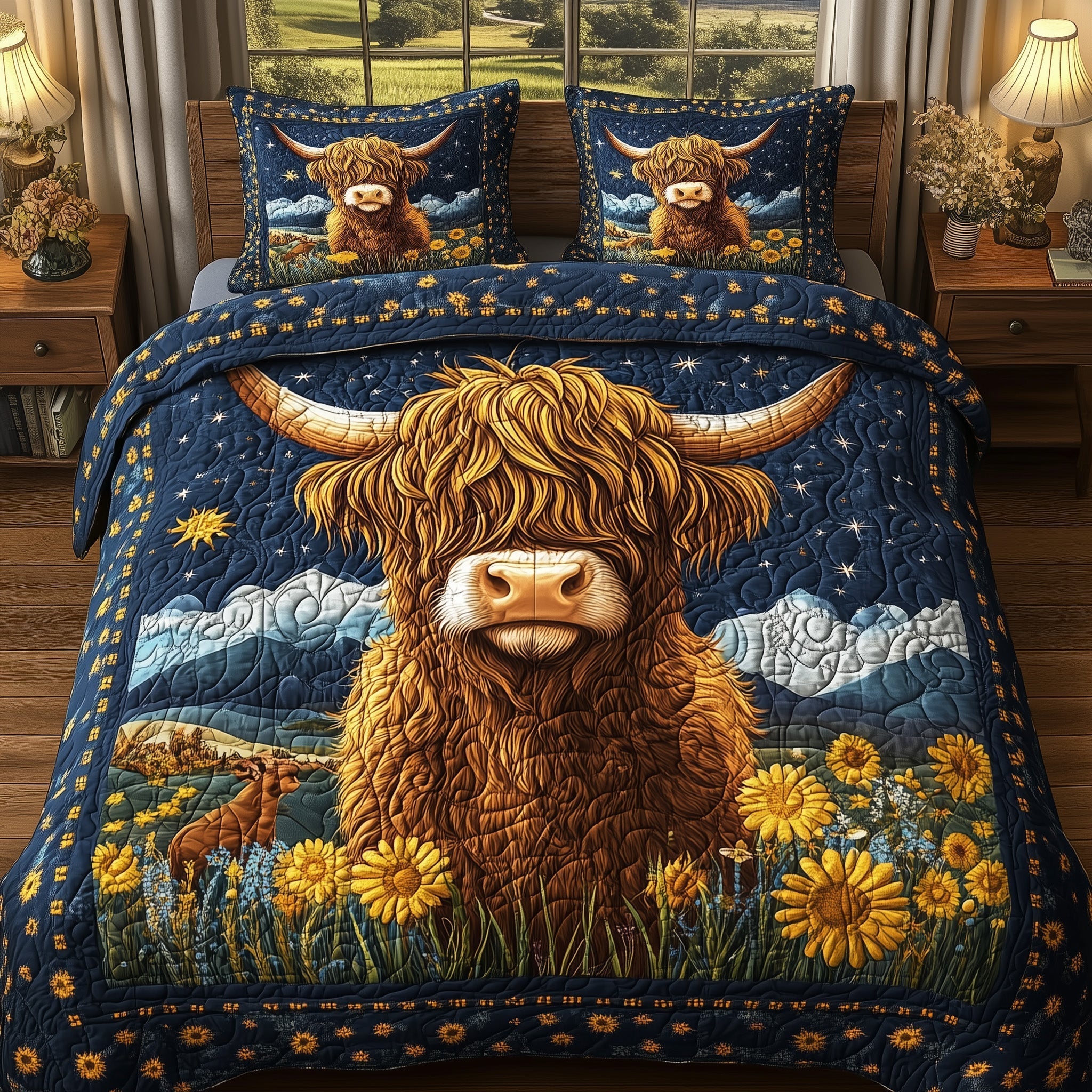 Midnight Highland Cow Quilted Bedding Set Midnight Highland Artwork Gift For Midnight Highland - Tradiviet