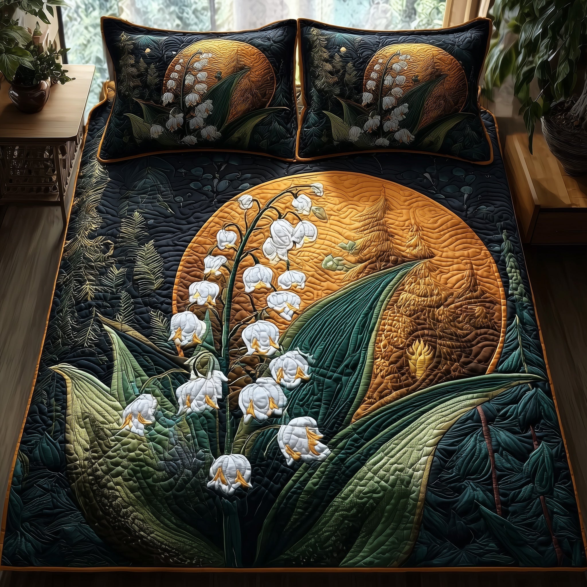 Midnight Lily Of The Valley Quilted Bedding Set Midnight Lily Wonderland Gift For Midnight Lily - Tradiviet