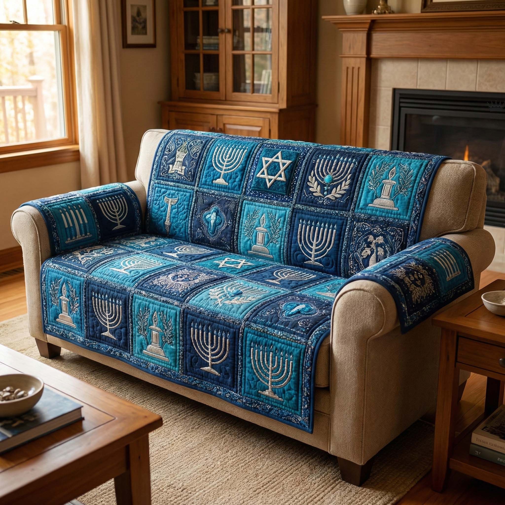 Midnight Menorah Quilted Sofa Cover Faith Home Couch Cover House Lover Gift Ideas - Tradiviet