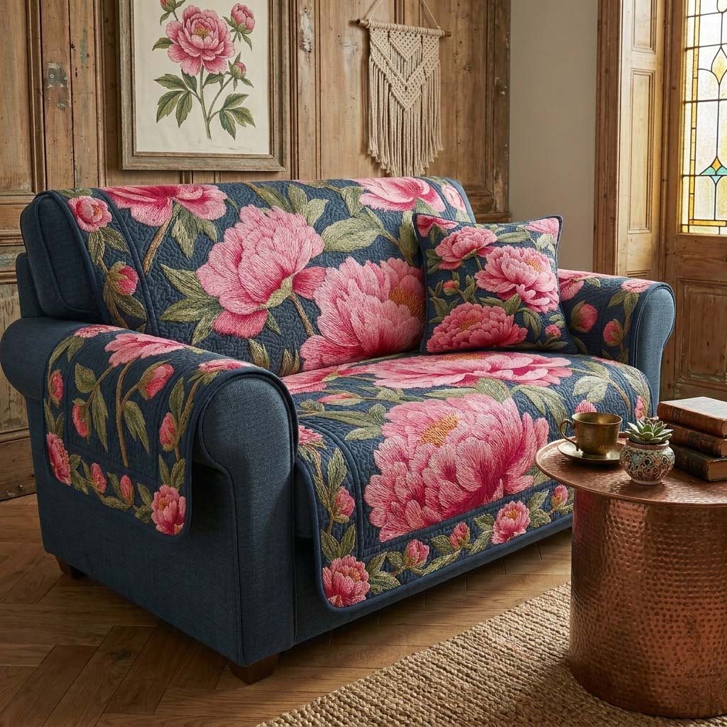 Midnight Pink Peony Quilted Sofa Cover Beautiful Home Room Decor Home Gifts For Him - Tradiviet
