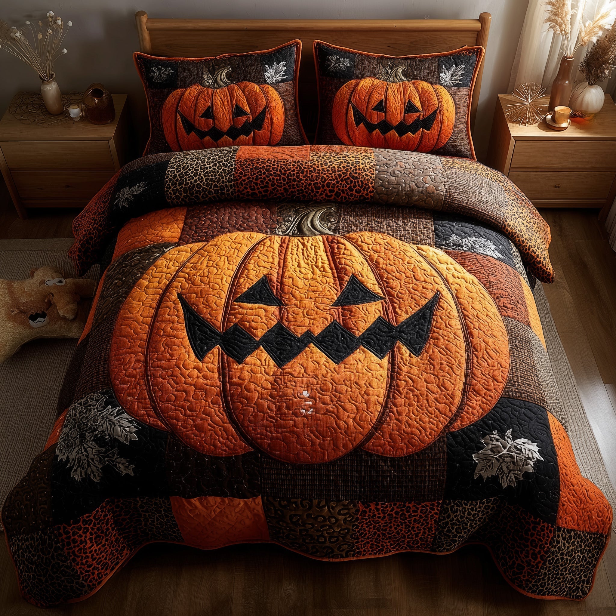Midnight Pumpkin Quilted Bedding Set Midnight Pumpkin Vista Gift For Midnight Husband - Tradiviet