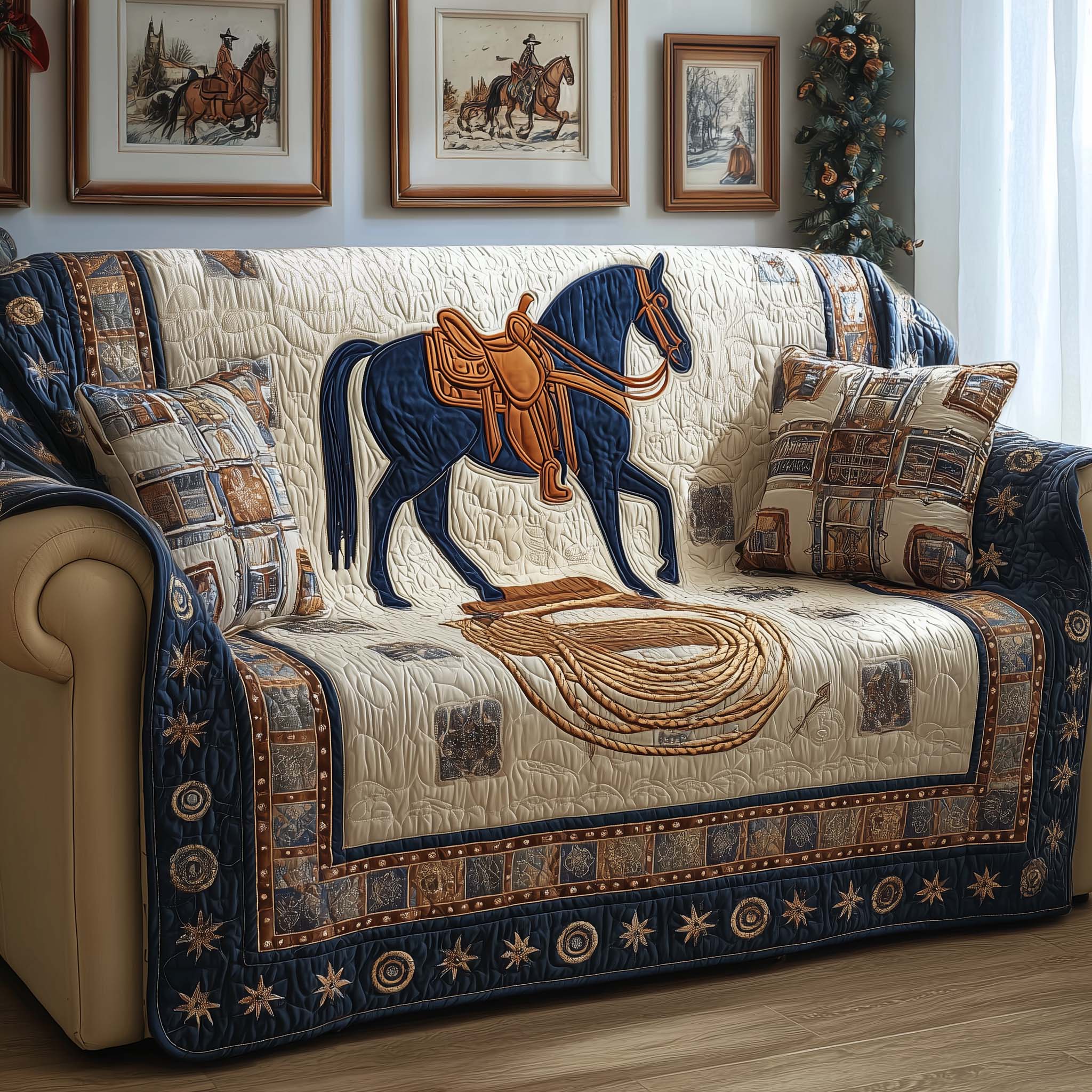 Midnight Saddle Quilted Sofa Cover Western Home Couch Cover Home Lover Gift Ideas - Tradiviet