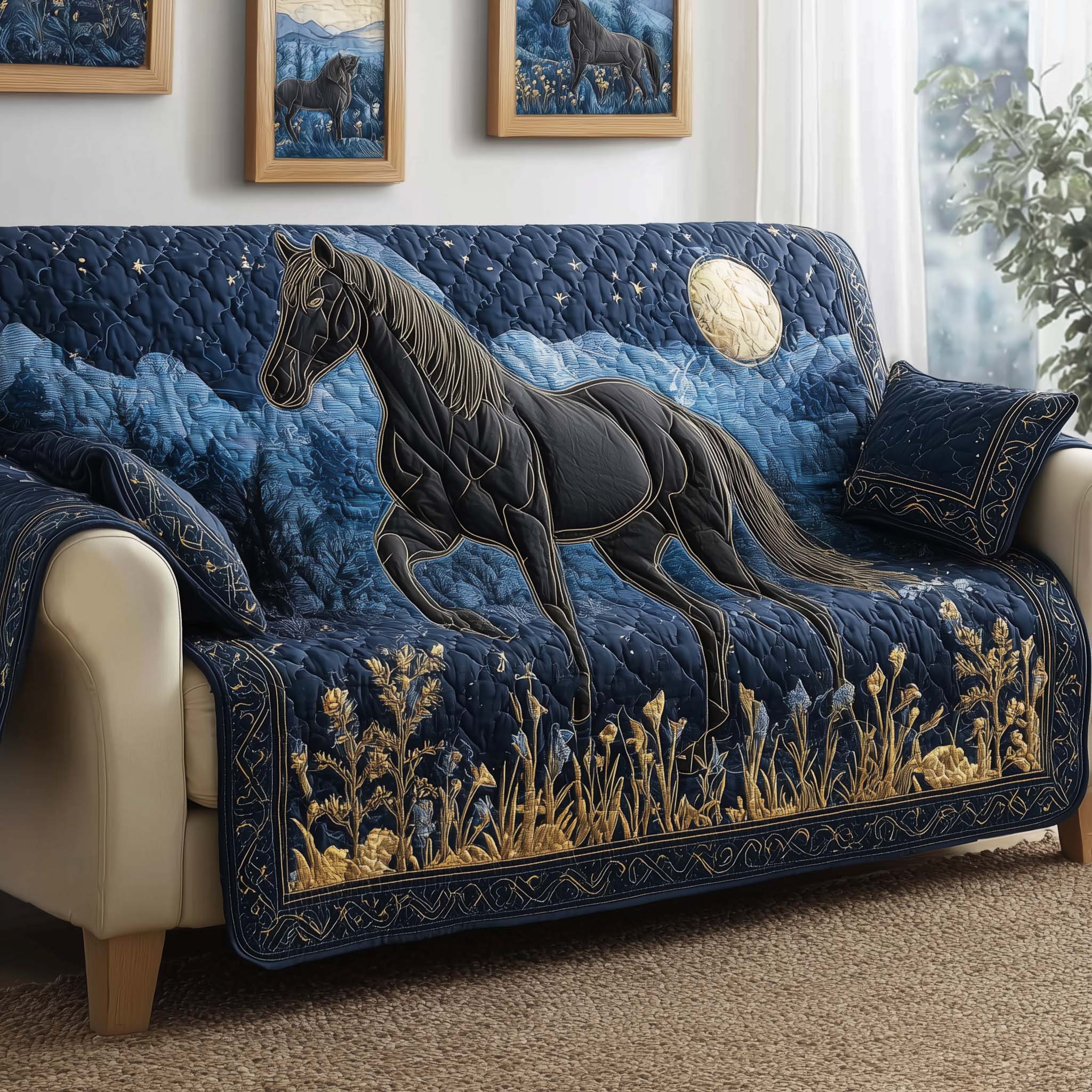 Midnight Stallion Quilted Sofa Cover Western Home Couch Cover Cozy Housewarming Gift Ideas - Tradiviet