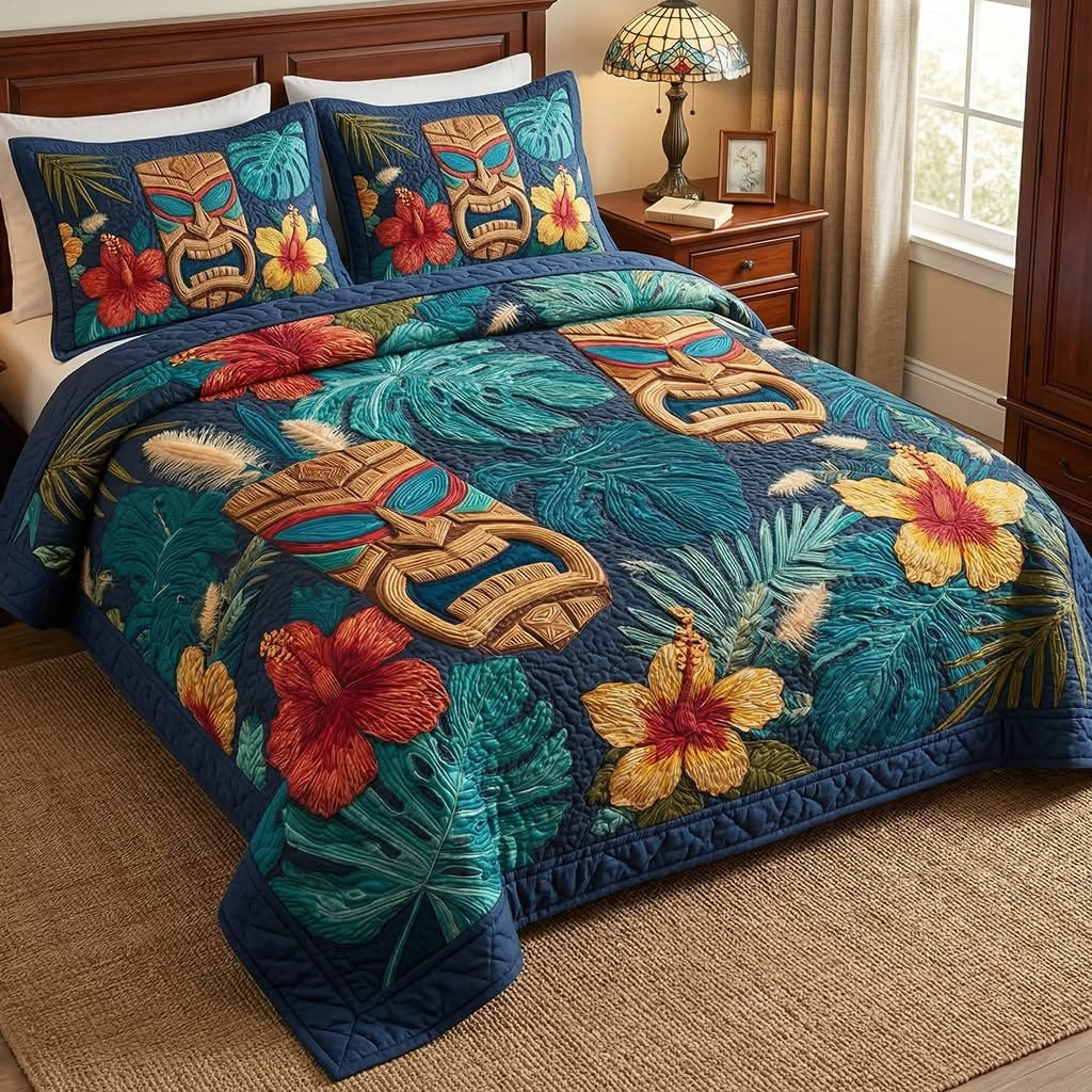 Midnight Tiki Quilted Bedding Set Tropical Hibiscus Flower Bedspread Set Decor Merch Gift - Tradiviet